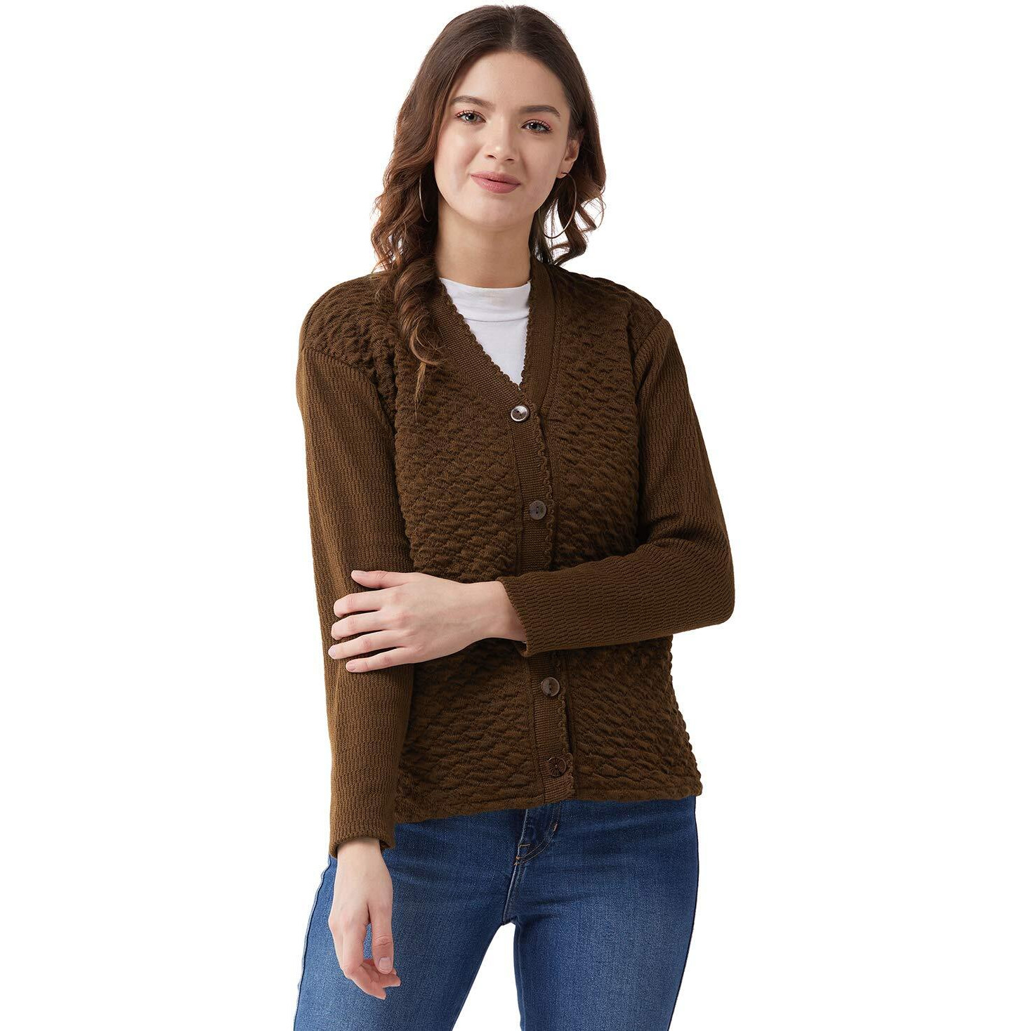 Pivl Self Design V Neck Casual Women Sweater/Cardigan for Winter (Brown, Large)