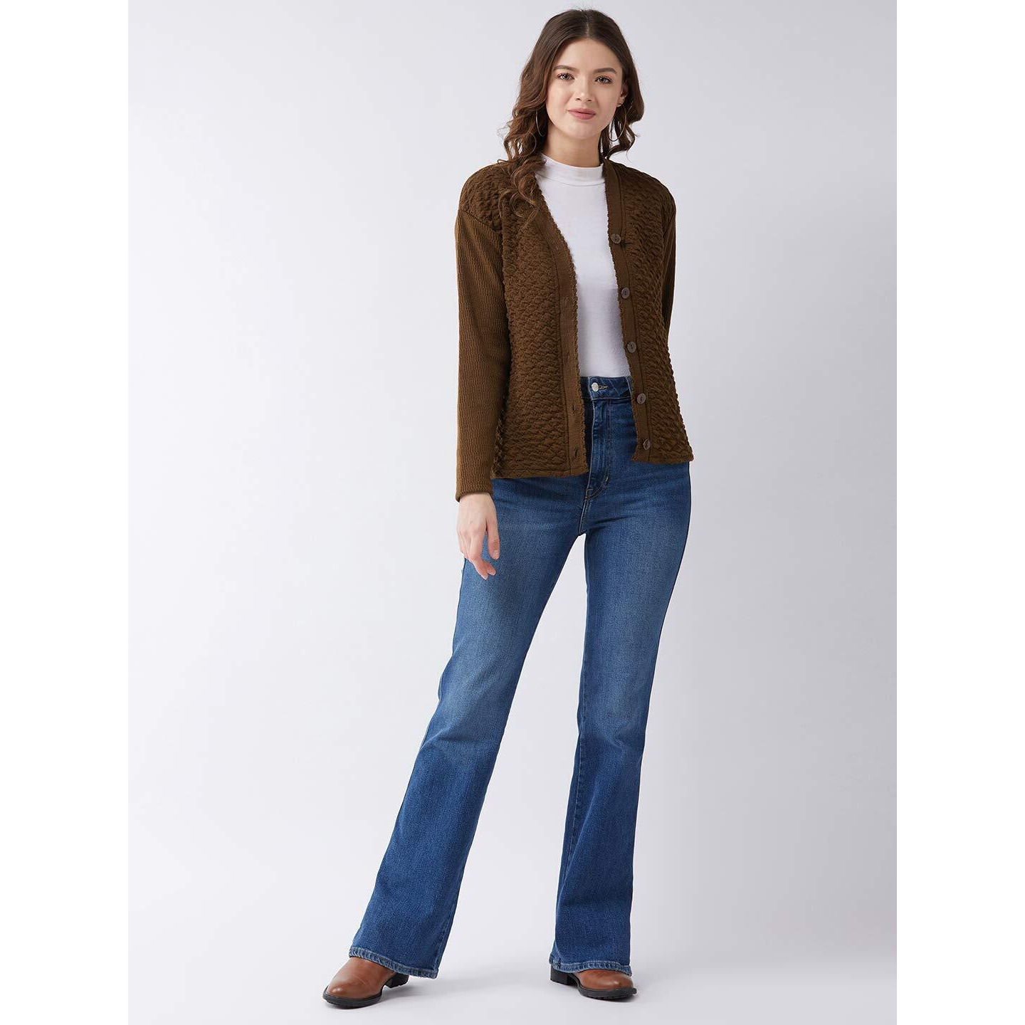 Pivl Self Design V Neck Casual Women Sweater/Cardigan for Winter (Brown, Large)