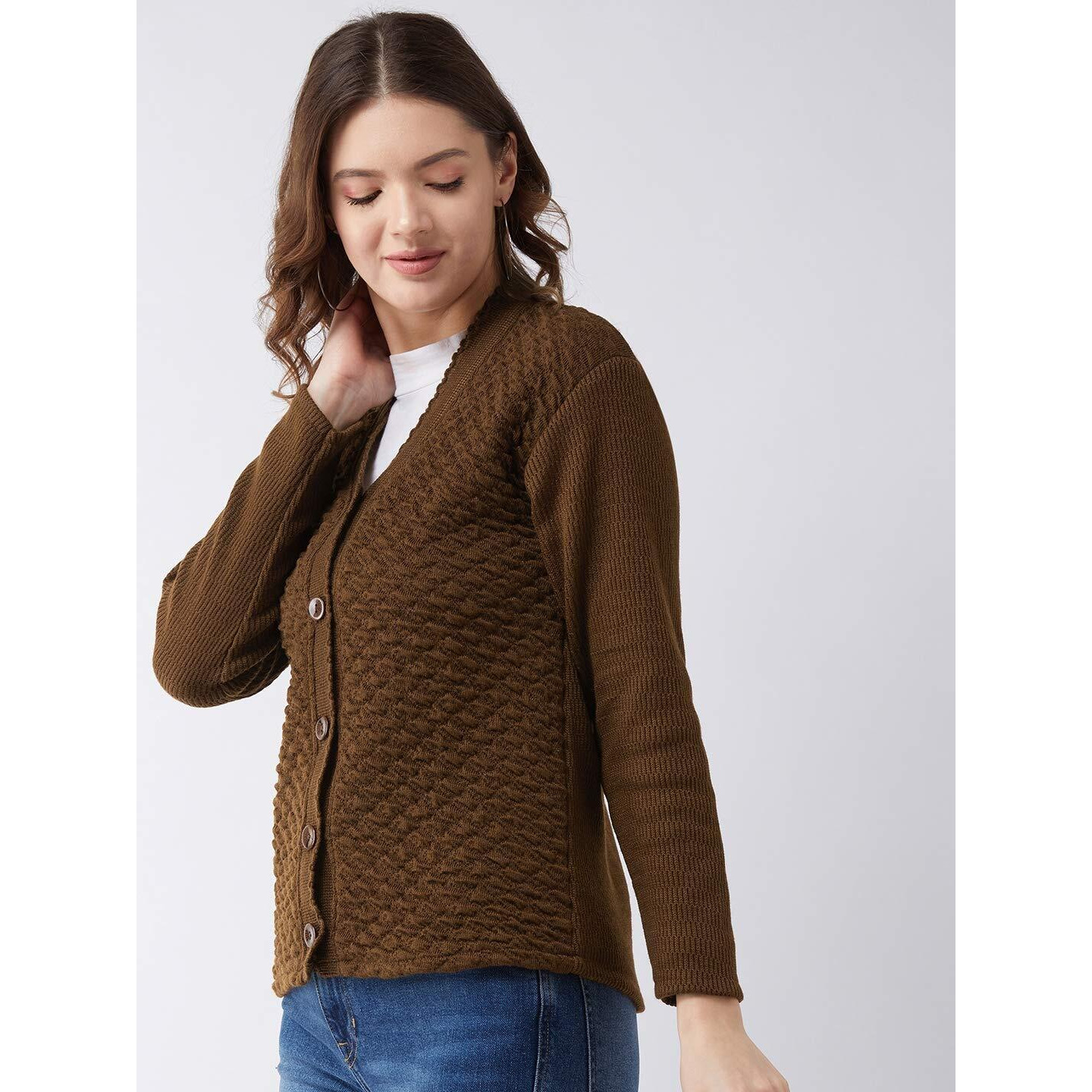 Pivl Self Design V Neck Casual Women Sweater/Cardigan for Winter (Brown, Large)
