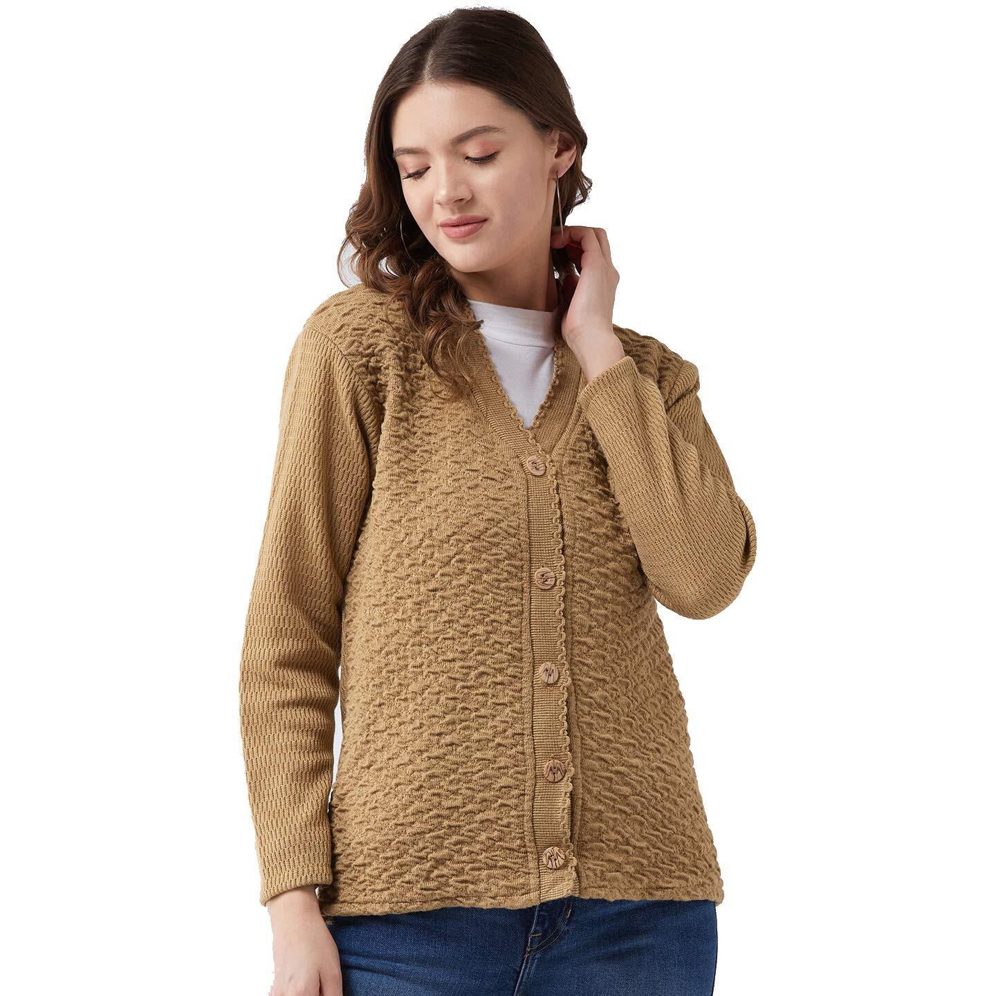 Pivl Self Design V Neck Casual Women Sweater/Cardigan for Winter (Large, Camel)
