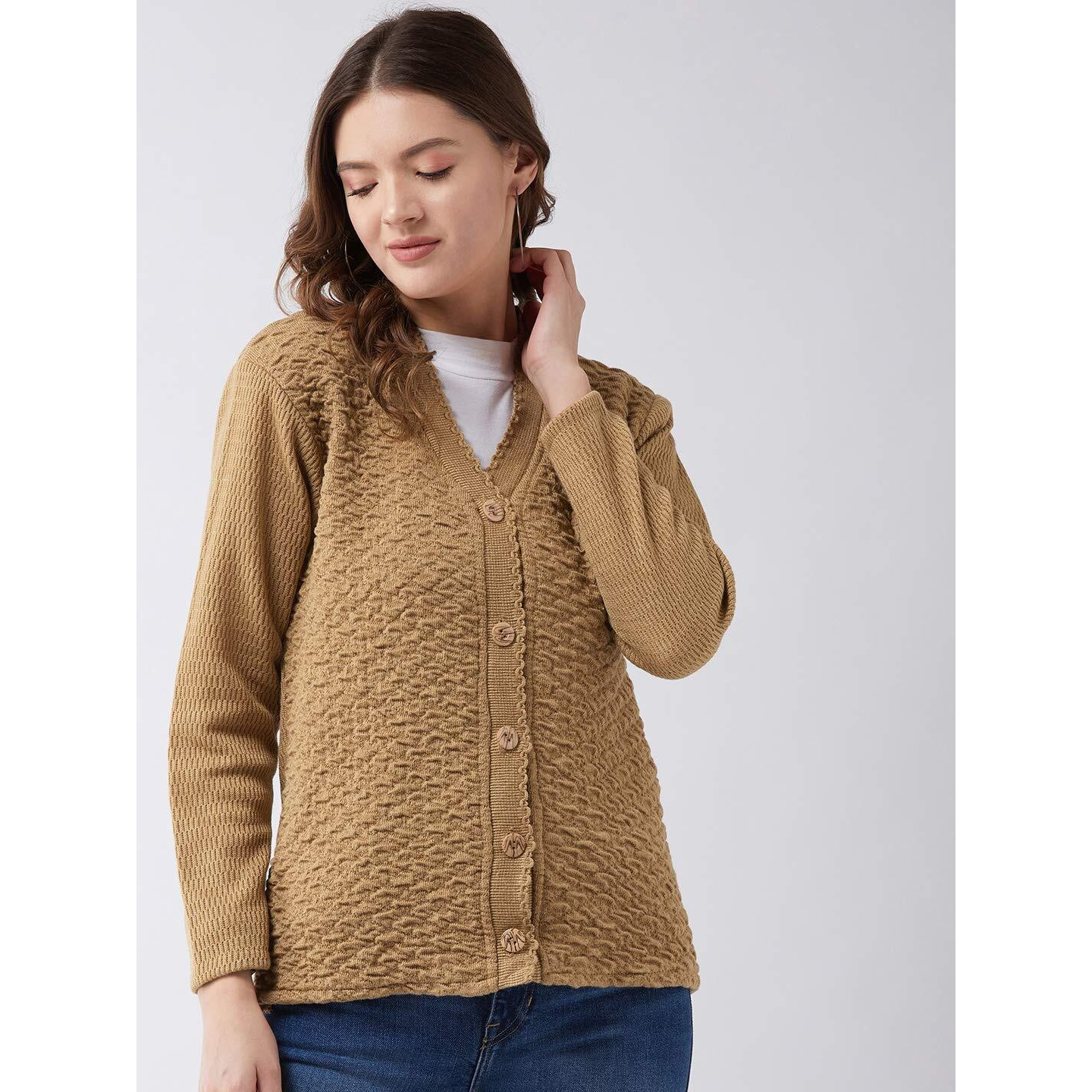 Pivl Self Design V Neck Casual Women Sweater/Cardigan for Winter (Large, Camel)