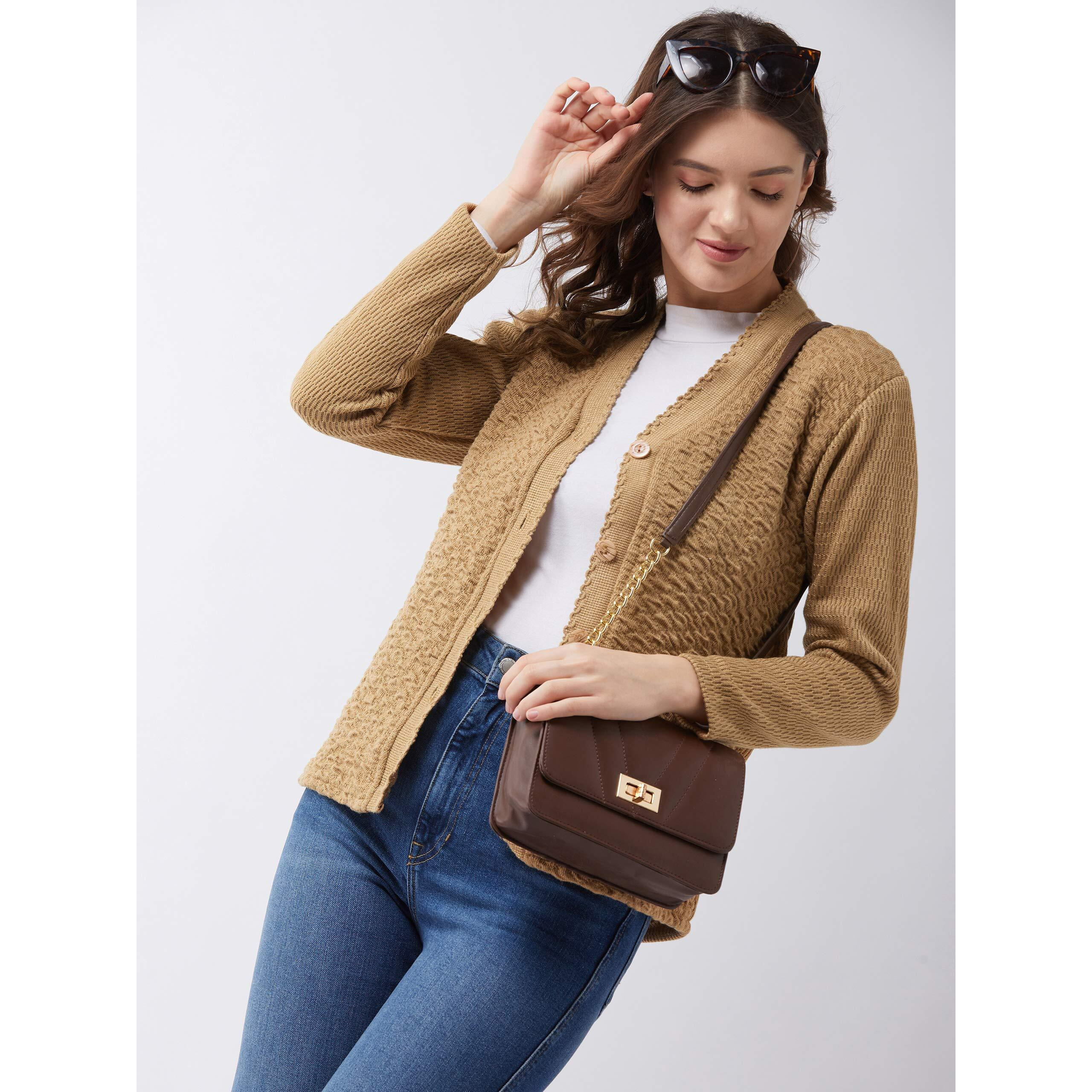 Pivl Self Design V Neck Casual Women Sweater/Cardigan for Winter (Large, Camel)