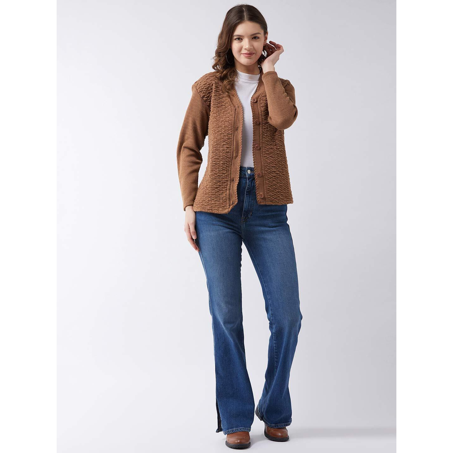 Pivl Women's Blended V-Neck Cardigan Sweater (PV502_Coffee