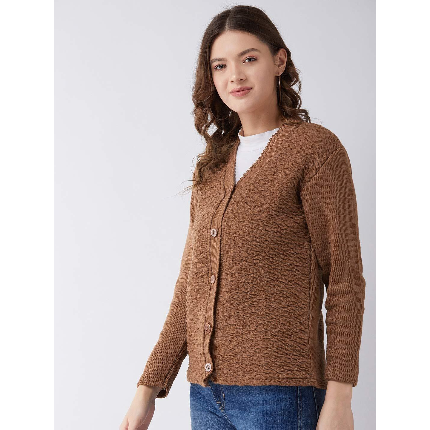 Pivl Women's Blended V-Neck Cardigan Sweater (PV502_Coffee