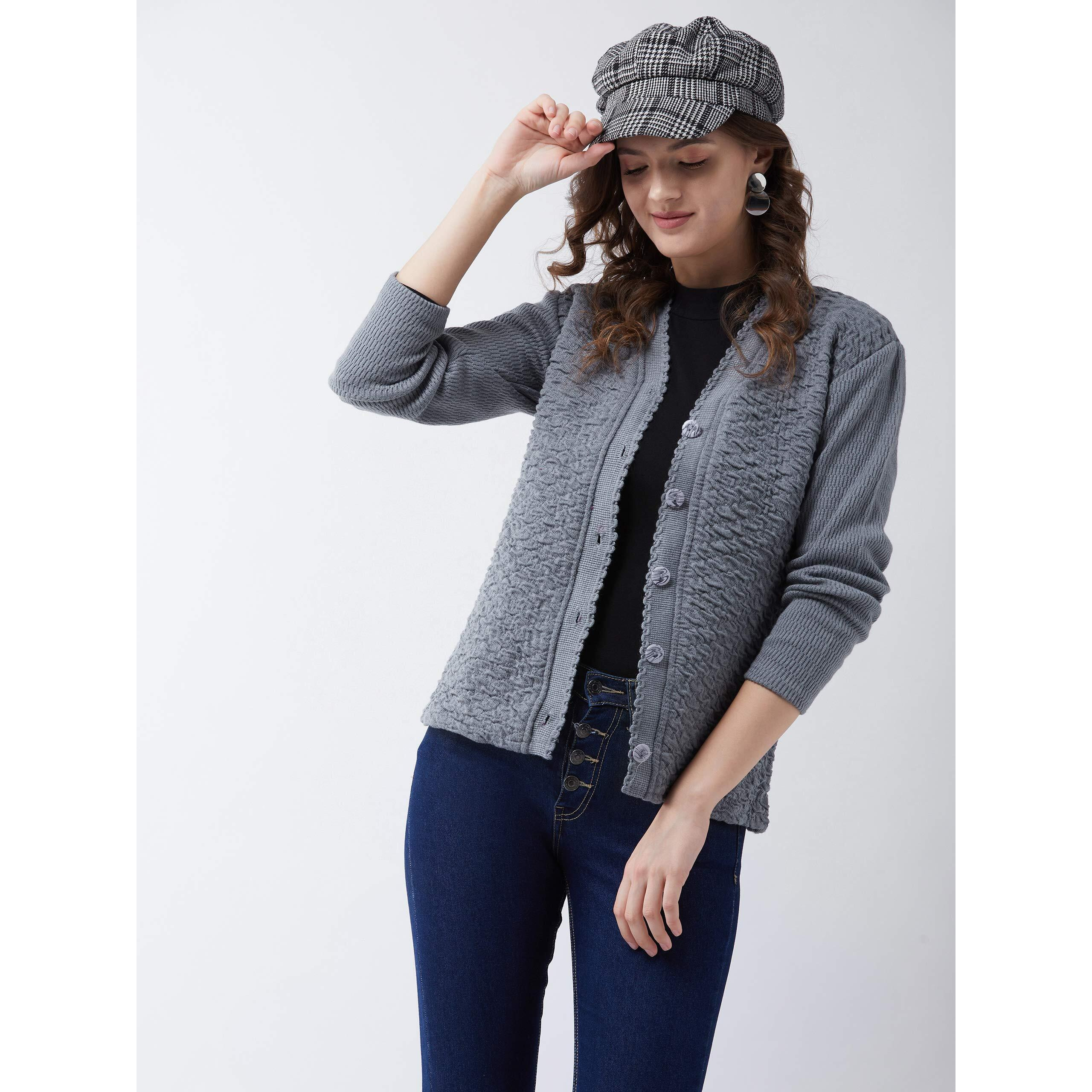 Pivl Self Design V Neck Casual Women Sweater/Cardigan for Winter (Medium, Grey)