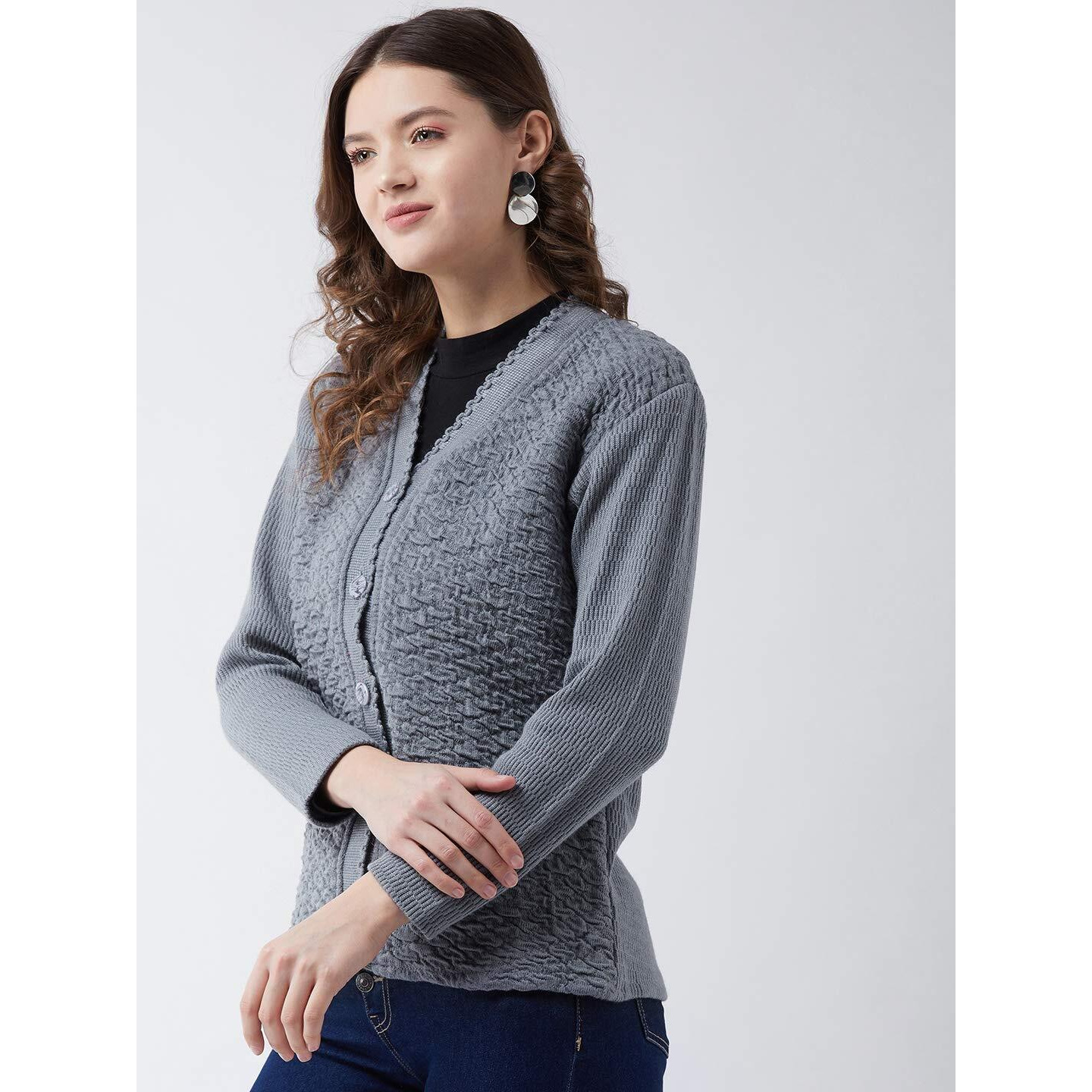 Pivl Self Design V Neck Casual Women Sweater/Cardigan for Winter (XXL, Grey)
