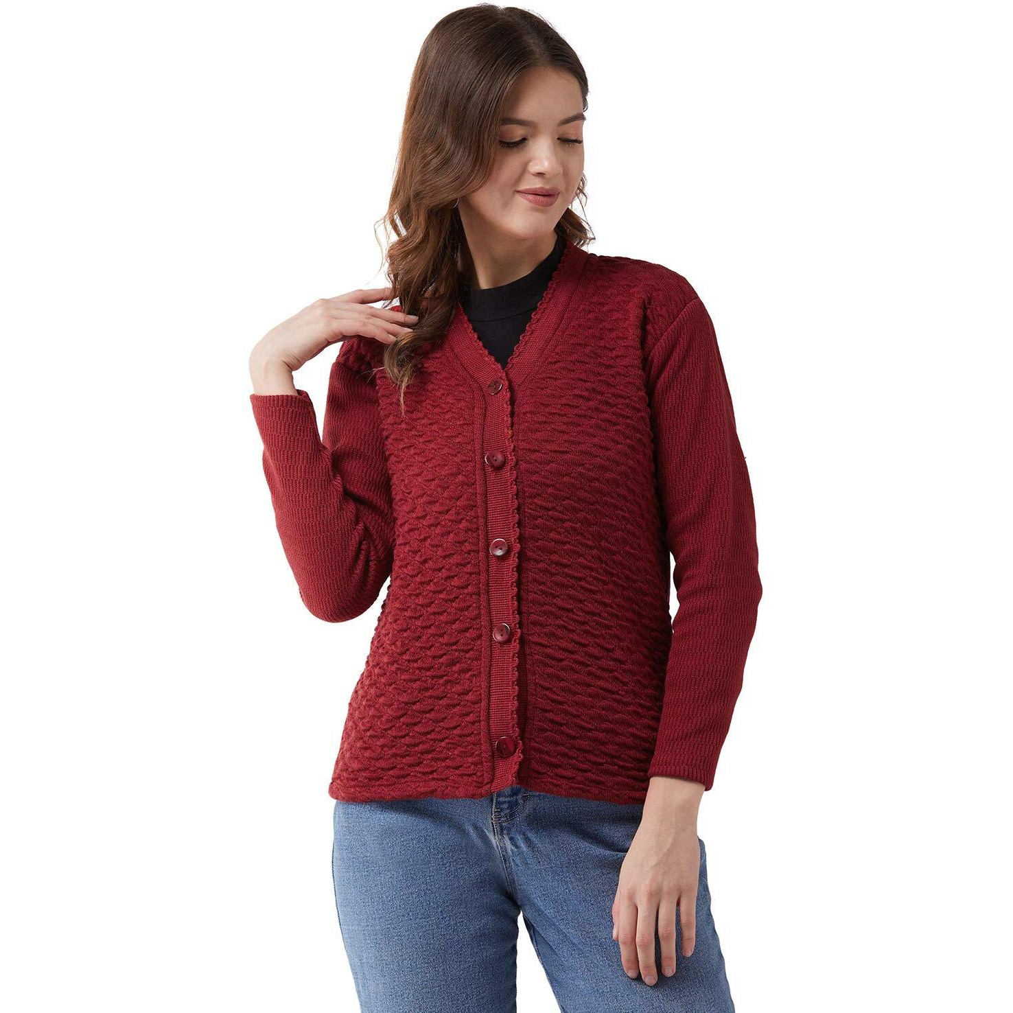 Pivl Self Design V Neck Casual Women Sweater/Cardigan for Winter (Large, Maroon)