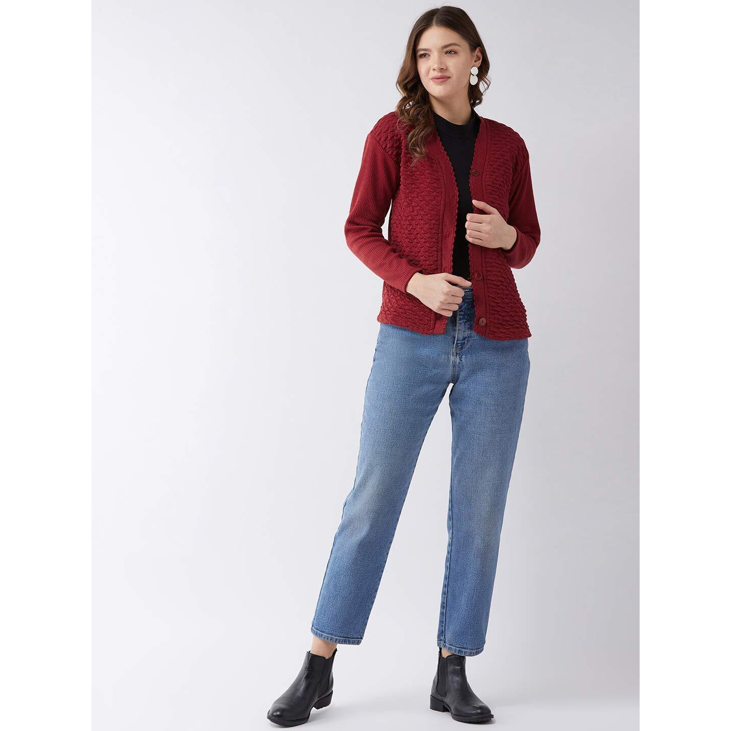 Pivl Self Design V Neck Casual Women Sweater/Cardigan for Winter (Large, Maroon)