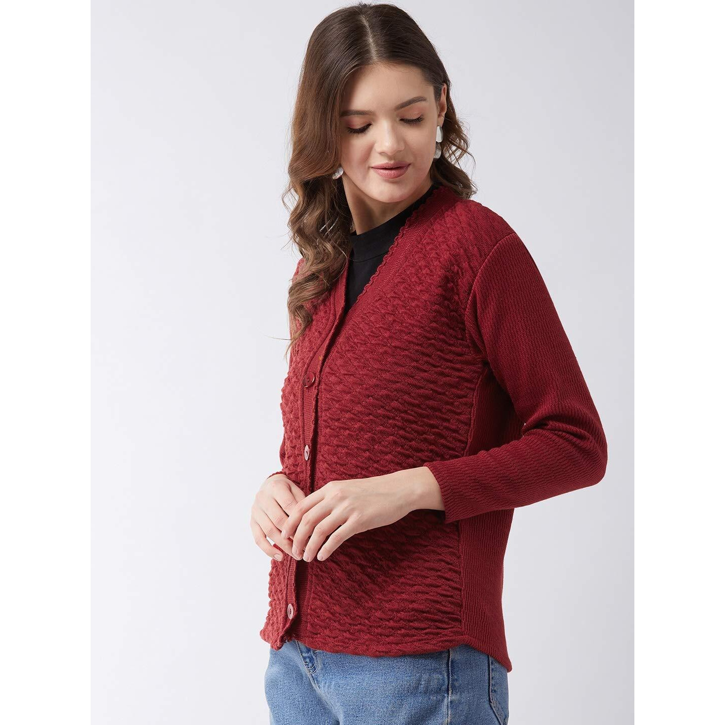 Pivl Self Design V Neck Casual Women Sweater/Cardigan for Winter (Large, Maroon)