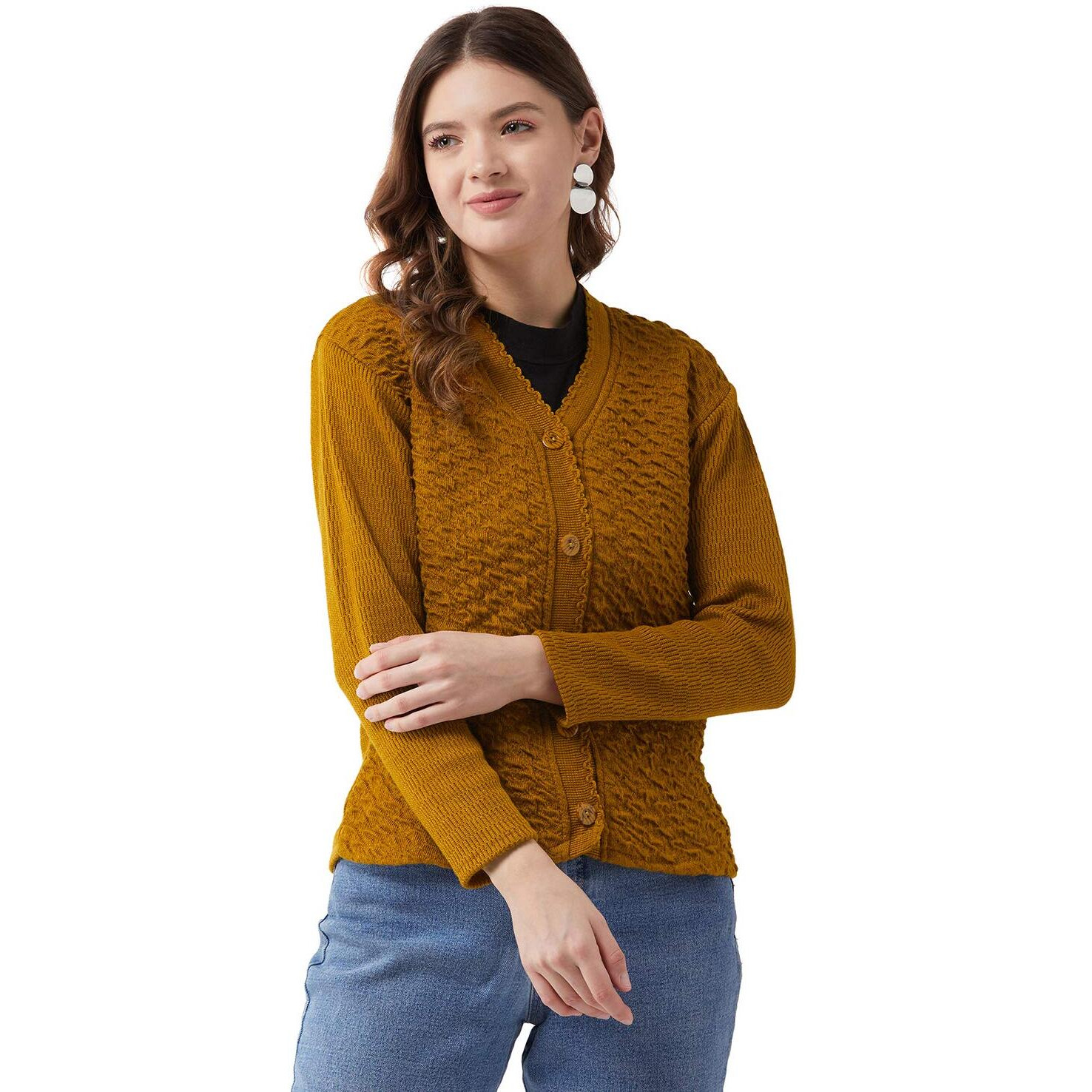 Pivl Self Design V Neck Casual Women Sweater/Cardigan for Winter (Large, Mustard)