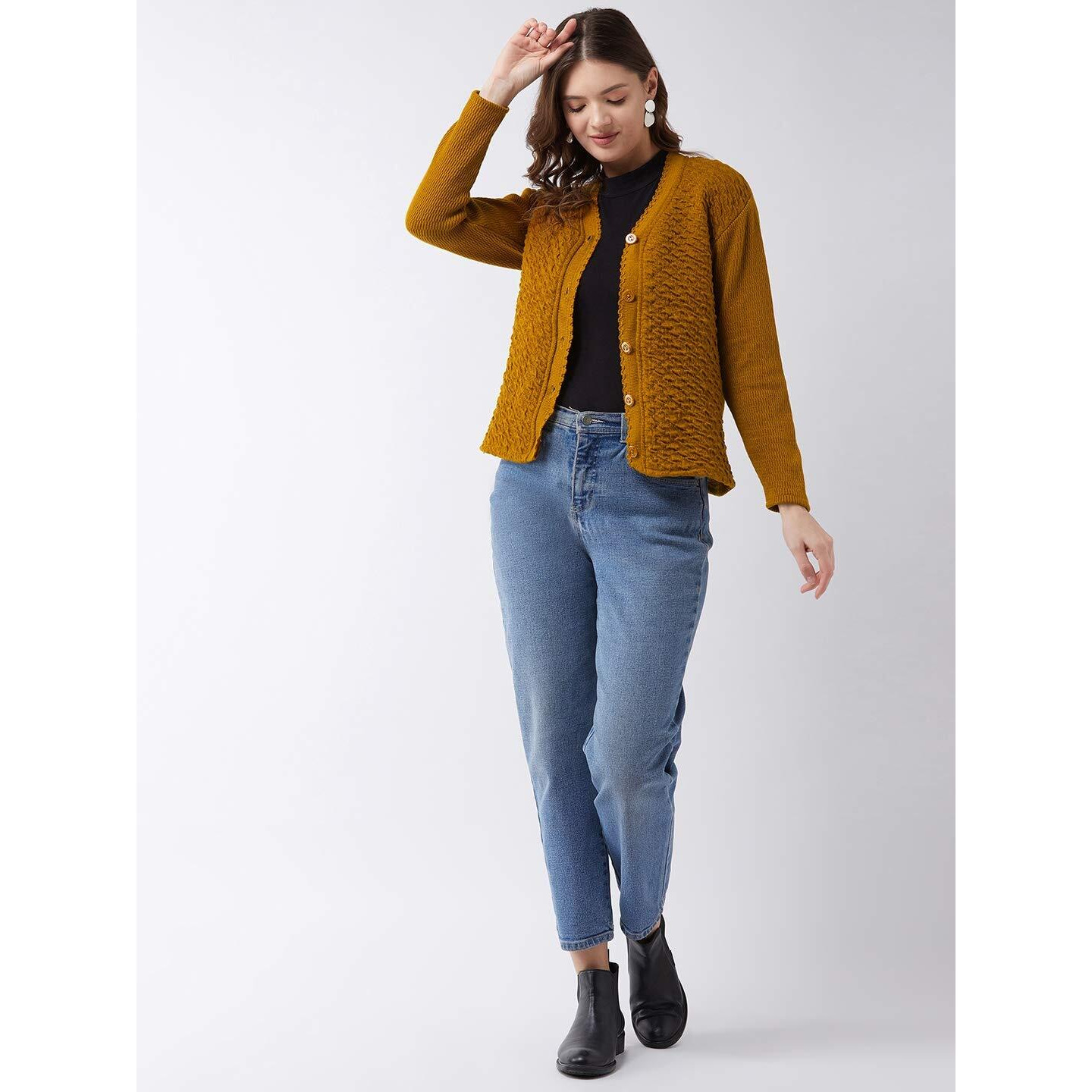 Pivl Self Design V Neck Casual Women Sweater/Cardigan for Winter (Large, Mustard)