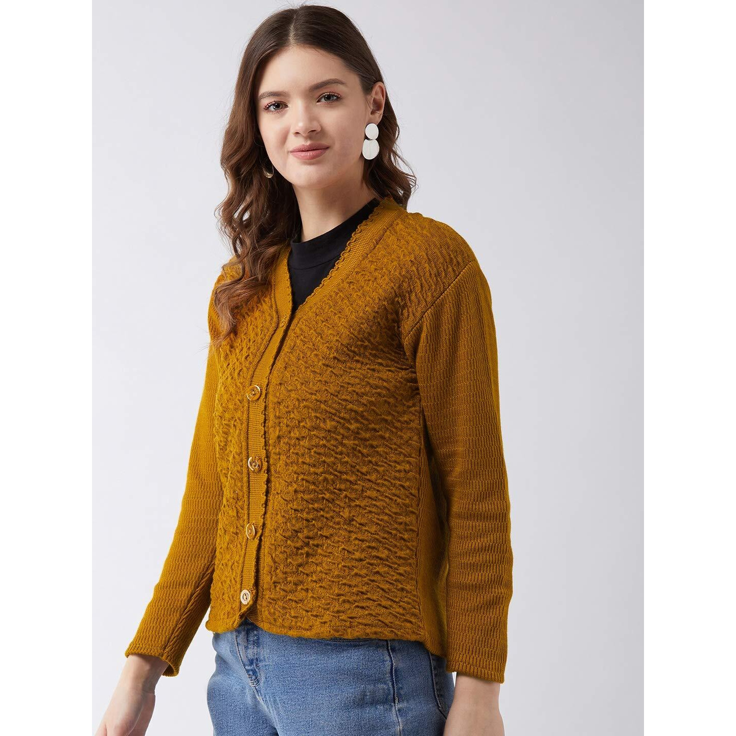 Pivl Self Design V Neck Casual Women Sweater/Cardigan for Winter (Large, Mustard)