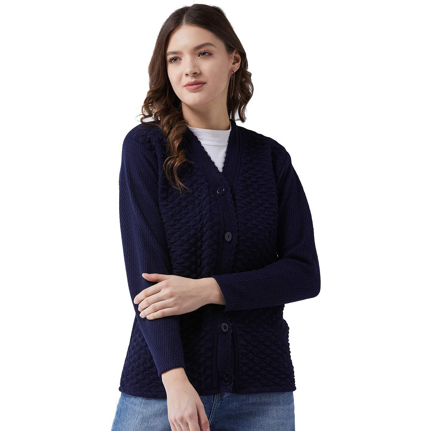Pivl Women's Blended V-Neck Cardigan Sweater (PV502_Navy
