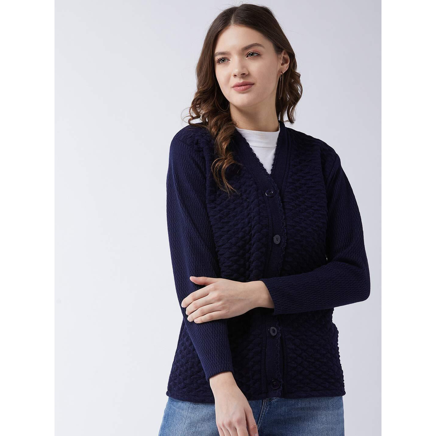 Pivl Women's Blended V-Neck Cardigan Sweater (PV502_Navy