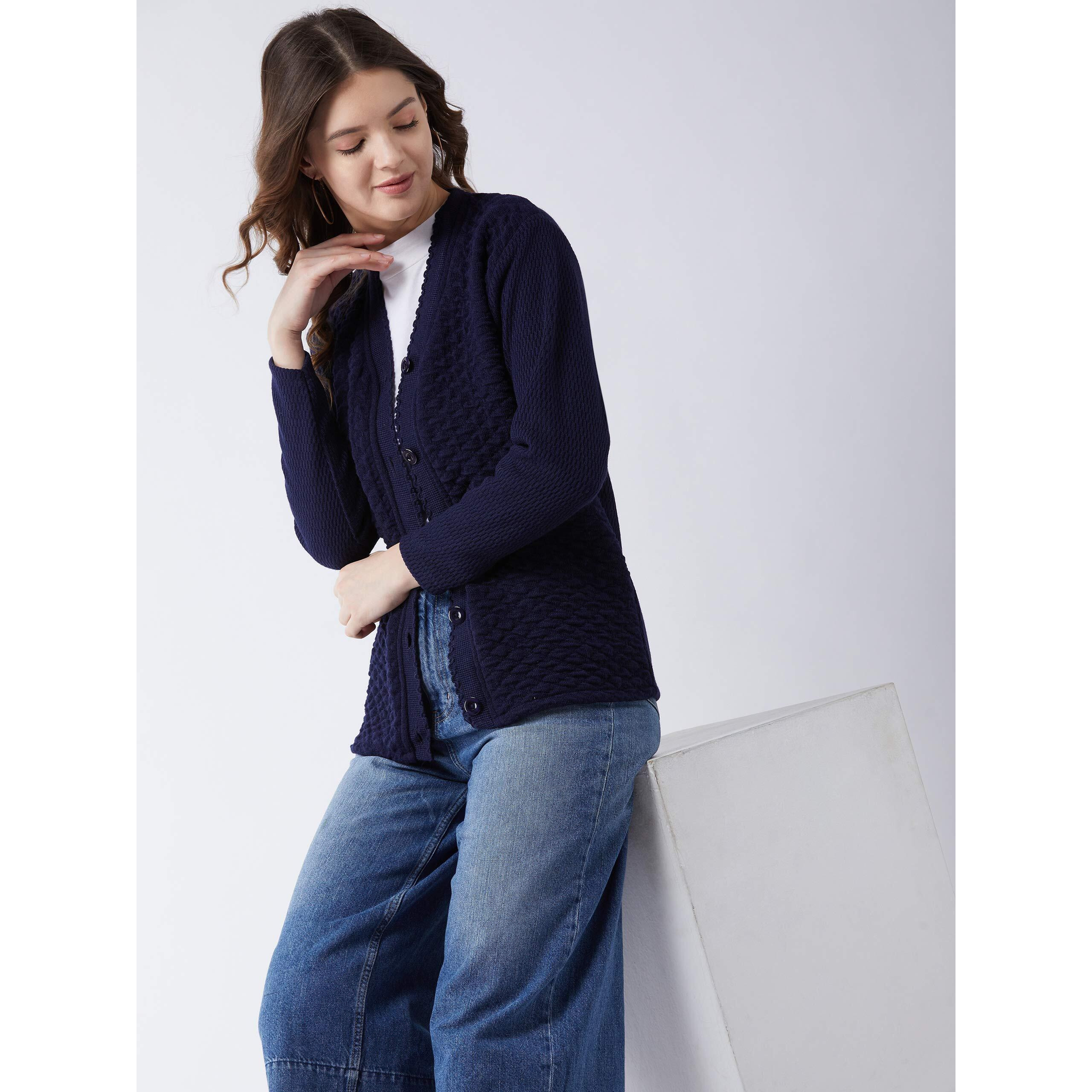 Pivl Women's Blended V-Neck Cardigan Sweater (PV502_Navy