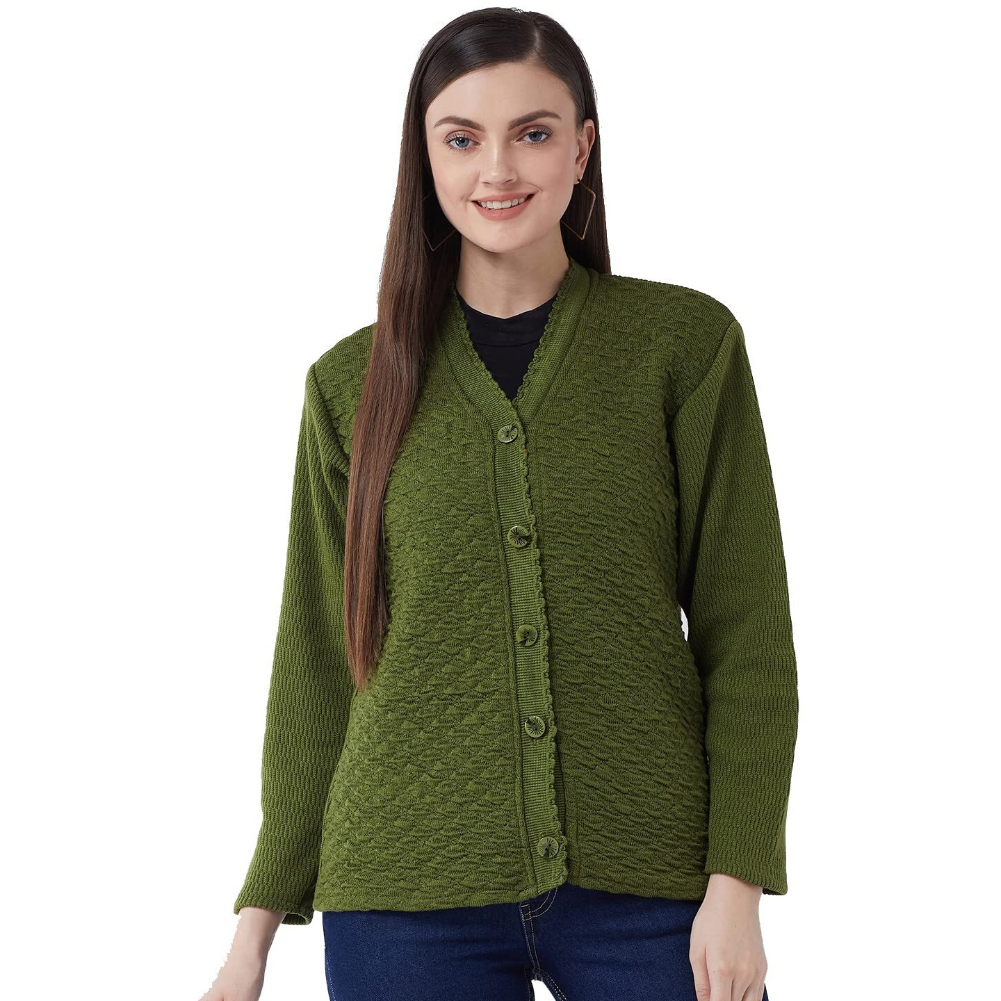 Pivl Self Design V Neck Casual Women Sweater/Cardigan for Winter (Medium, Olive)