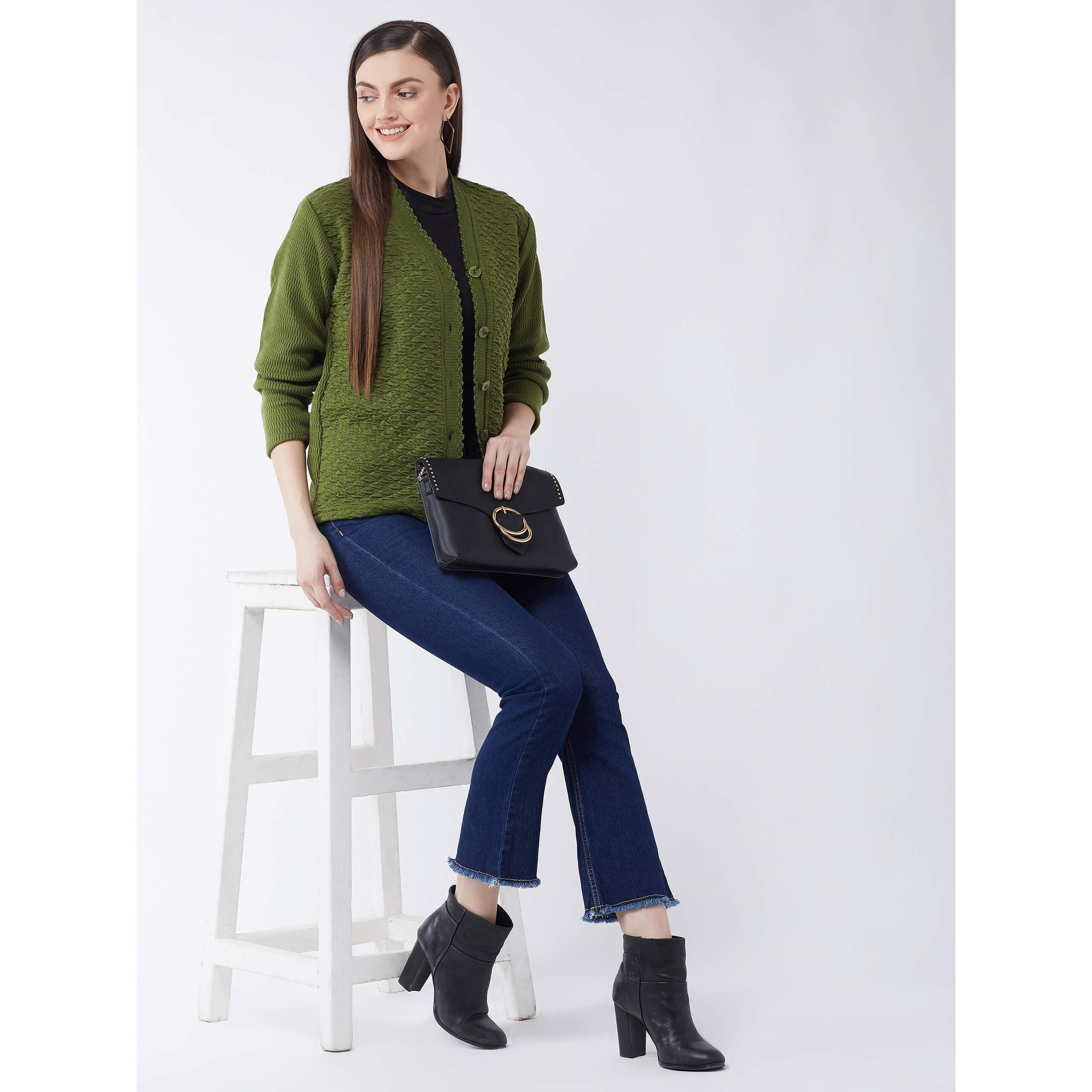 Pivl Self Design V Neck Casual Women Sweater/Cardigan for Winter (Medium, Olive)