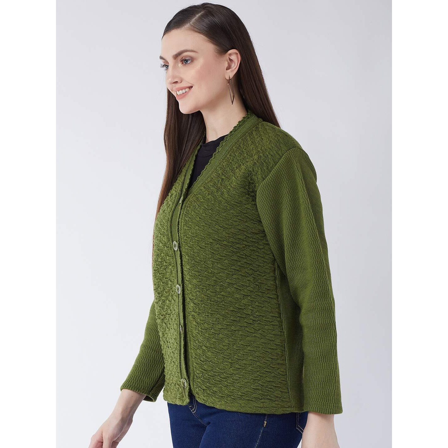 Pivl Self Design V Neck Casual Women Sweater/Cardigan for Winter (Medium, Olive)