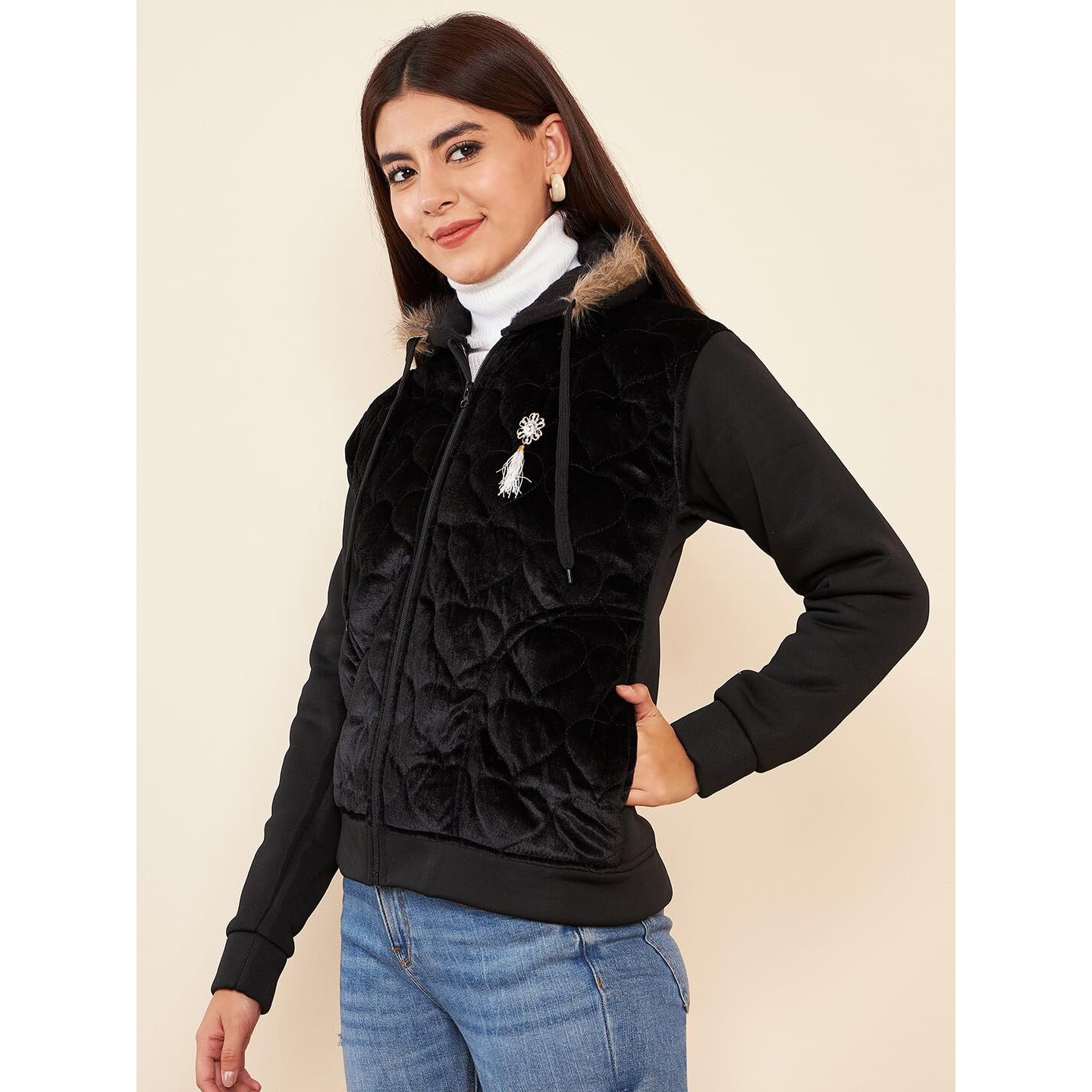 PIVL Women's Fleece Winter hooded Jacket_BLACK_L