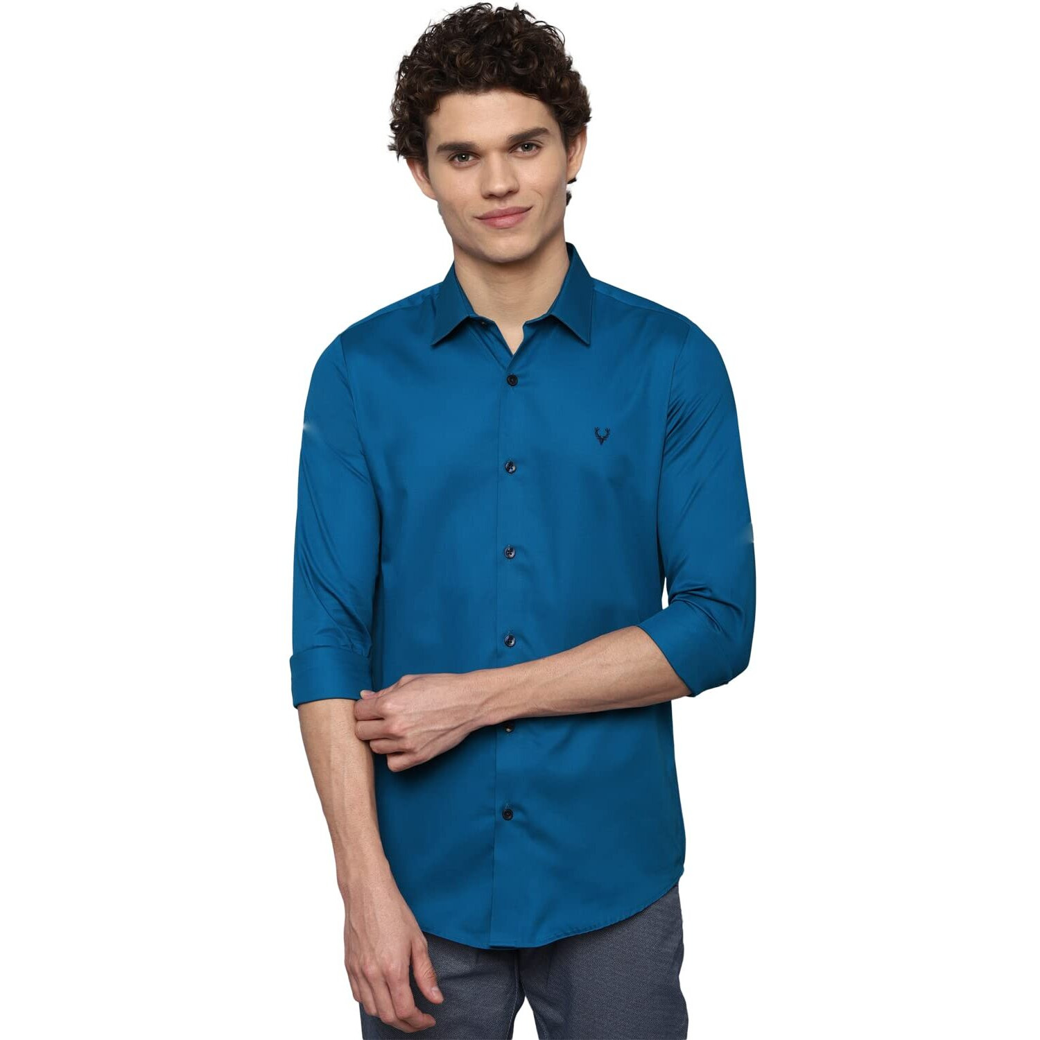 Allen Solly Men's Solid Regular Fit Shirt (ASSFQMOP403092_Blue 40)