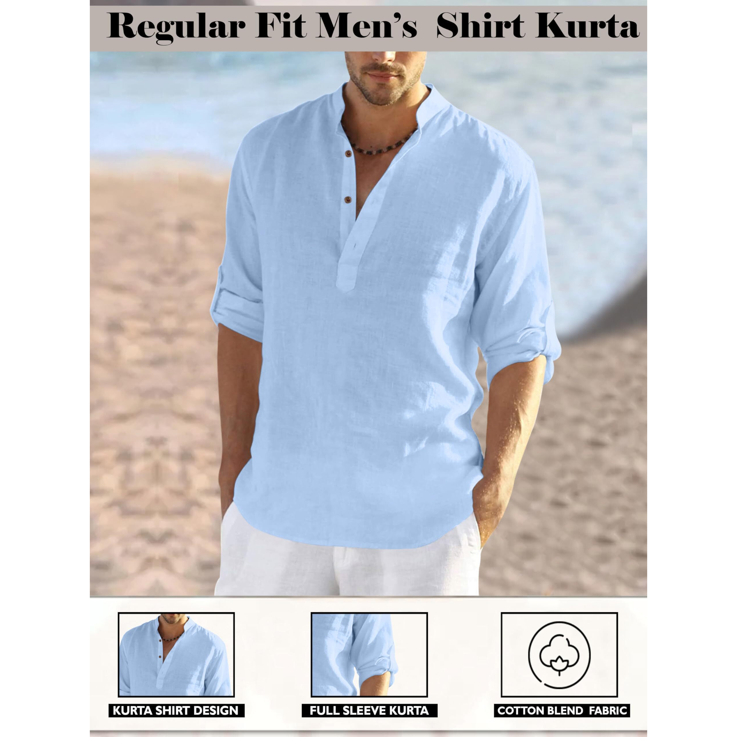 Zombom Men's Solid Cotton Blend Regular Fit Full Sleeve Straight Kurta Shirt,Sky Blue, M, Pack of 1