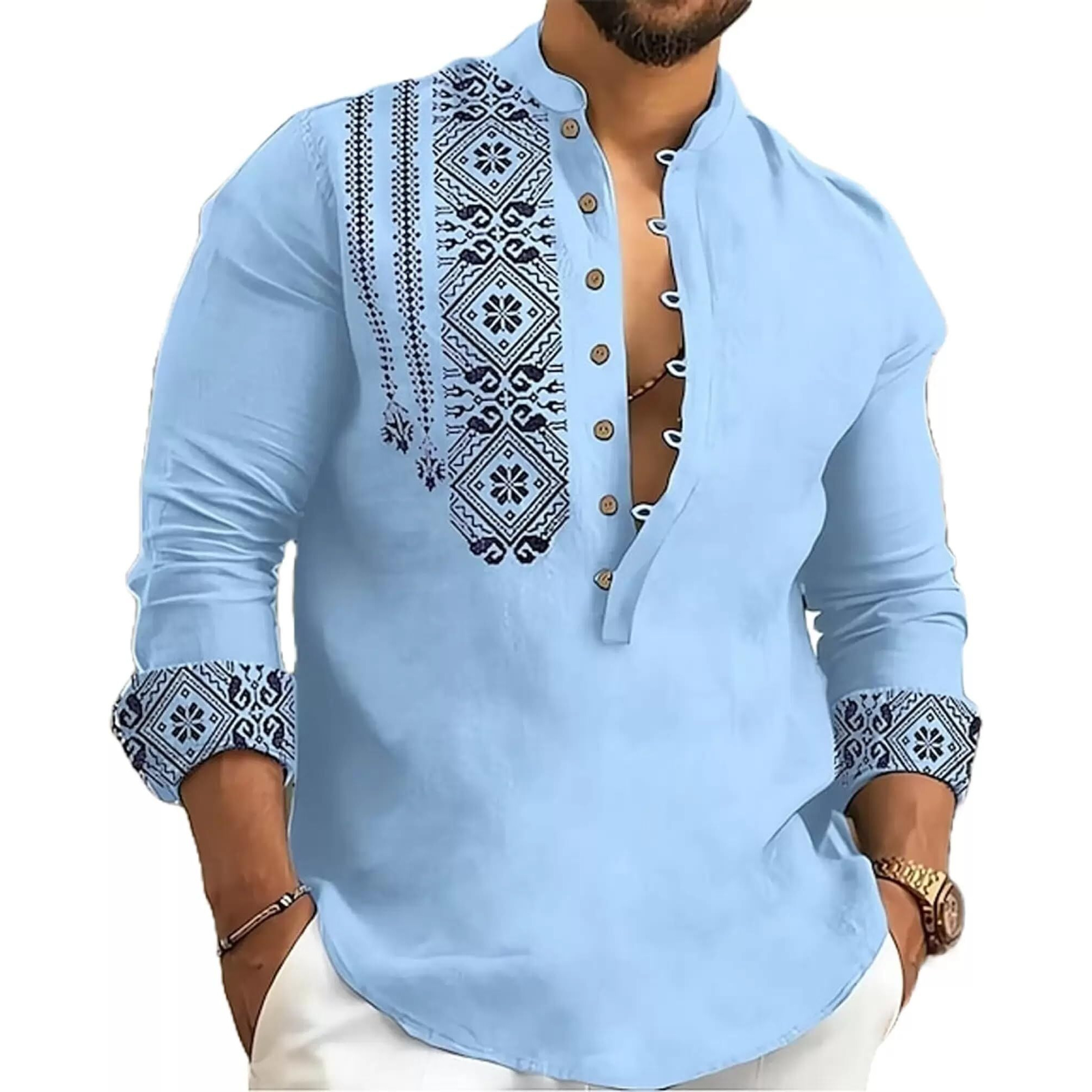 DEELMO Men's Cotton Blend Mandarin Collar Regular Fit Full Sleeve Casual Short Kurta, Light Blue, L