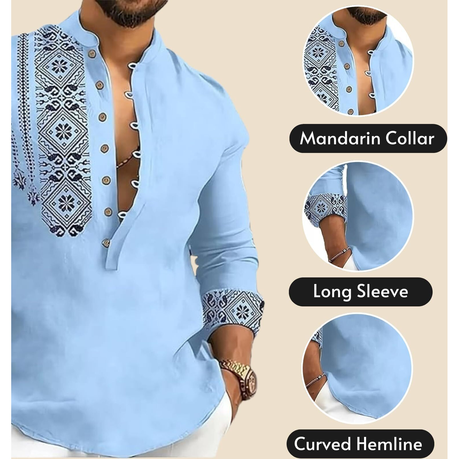 DEELMO Men's Cotton Blend Mandarin Collar Regular Fit Full Sleeve Casual Short Kurta, Light Blue, L