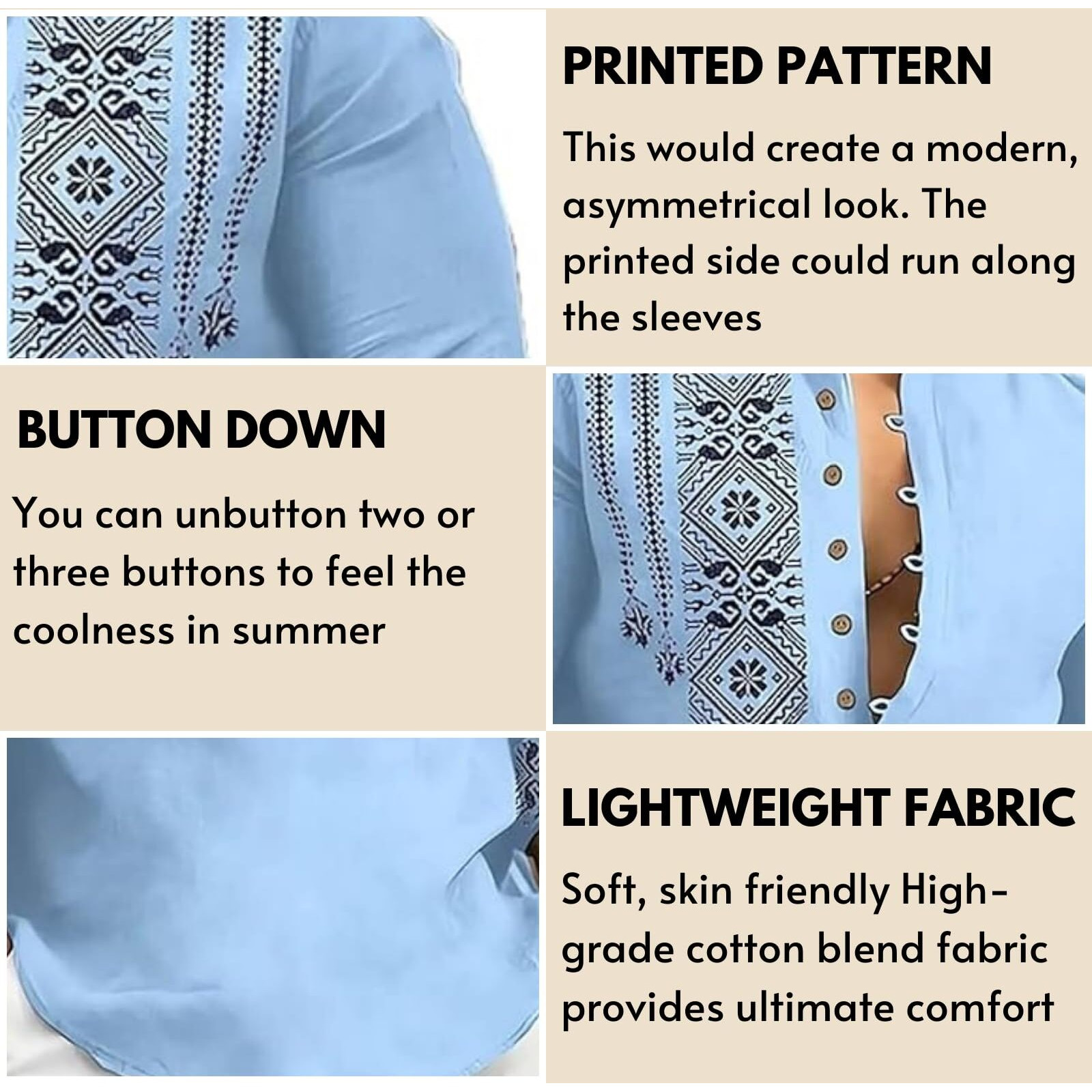 DEELMO Men's Cotton Blend Mandarin Collar Regular Fit Full Sleeve Casual Short Kurta, Light Blue, L