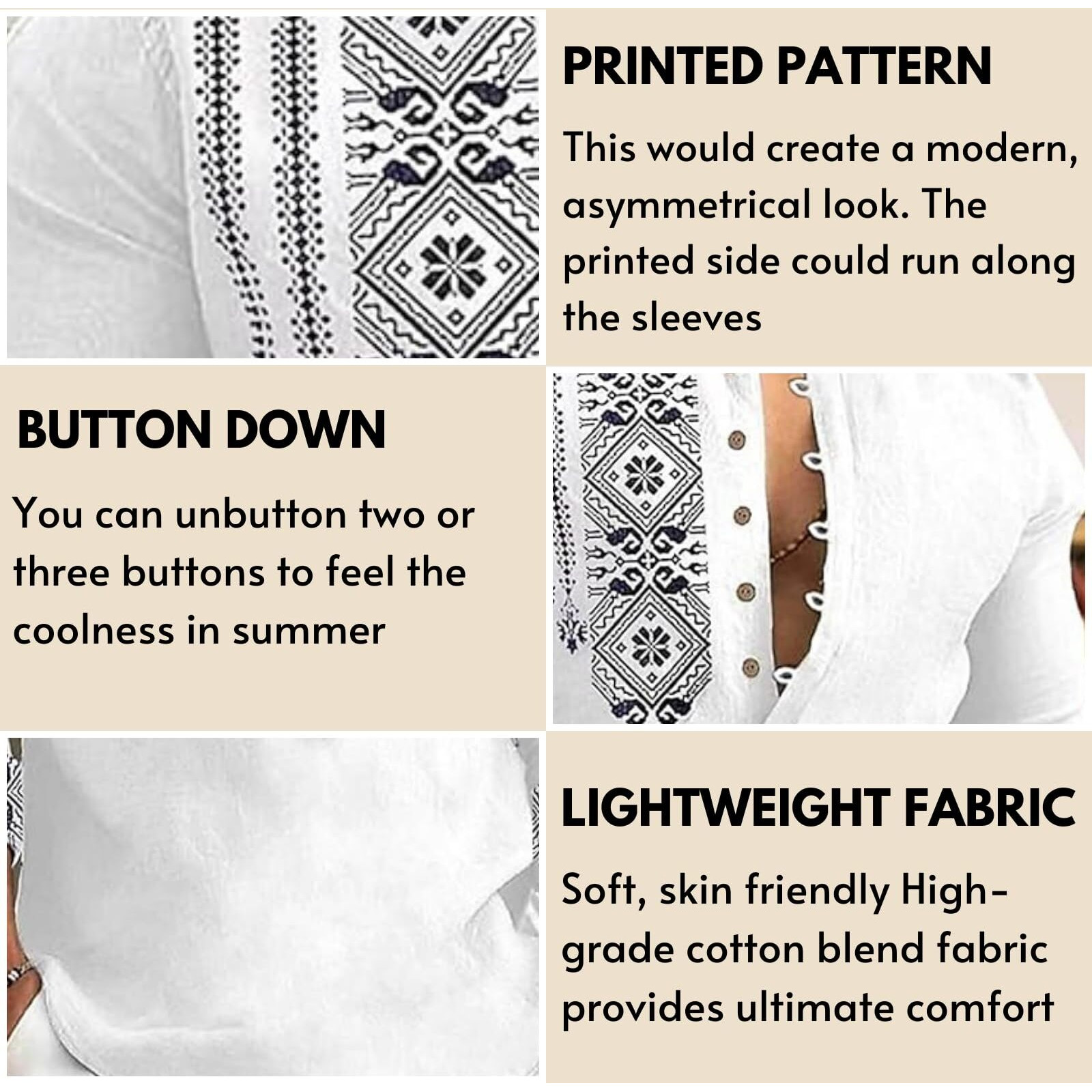 DEELMO Men's Cotton Blend Mandarin Collar Regular Fit Full Sleeve Casual Short Kurta, White, M