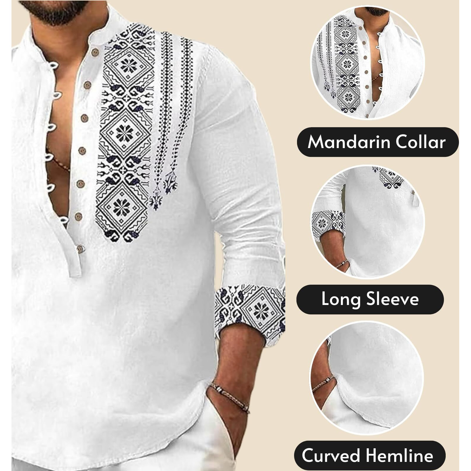 DEELMO Men's Cotton Blend Mandarin Collar Regular Fit Full Sleeve Casual Short Kurta, White, M