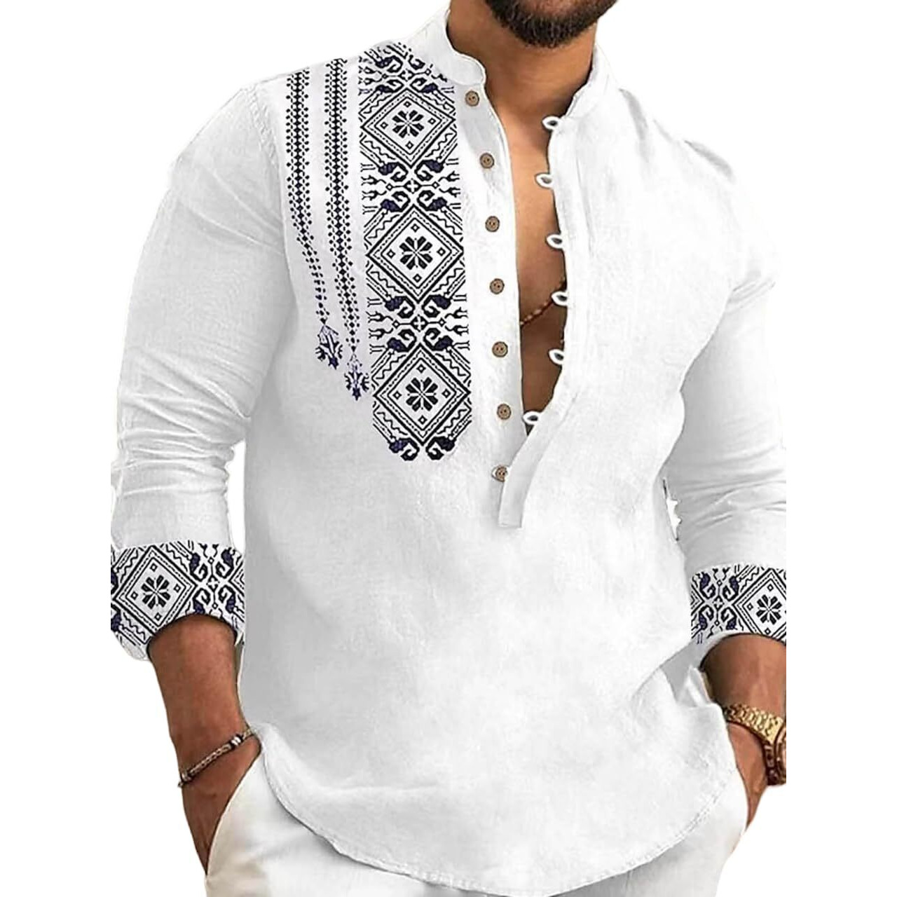 DEELMO Men's Cotton Blend Mandarin Collar Regular Fit Full Sleeve Casual Short Kurta, White, XL