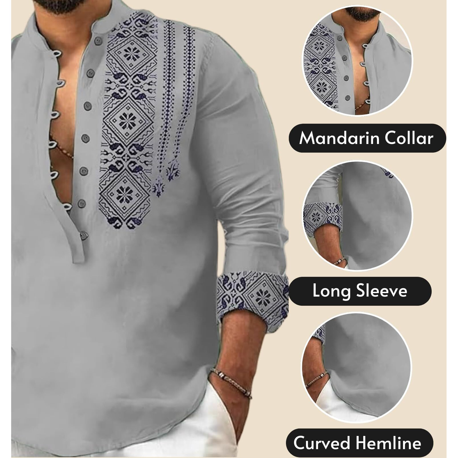 DEELMO Men's Cotton Blend Mandarin Collar Regular Fit Full Sleeve Casual Short Kurta, Grey, 2XL