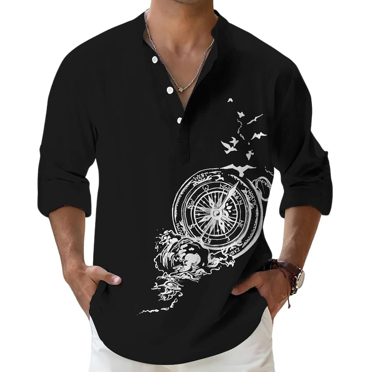 DEELMO Men's Cotton Blend Mandarin Collar Self One Design Full Sleeve Casual Short Kurta (Black, L)