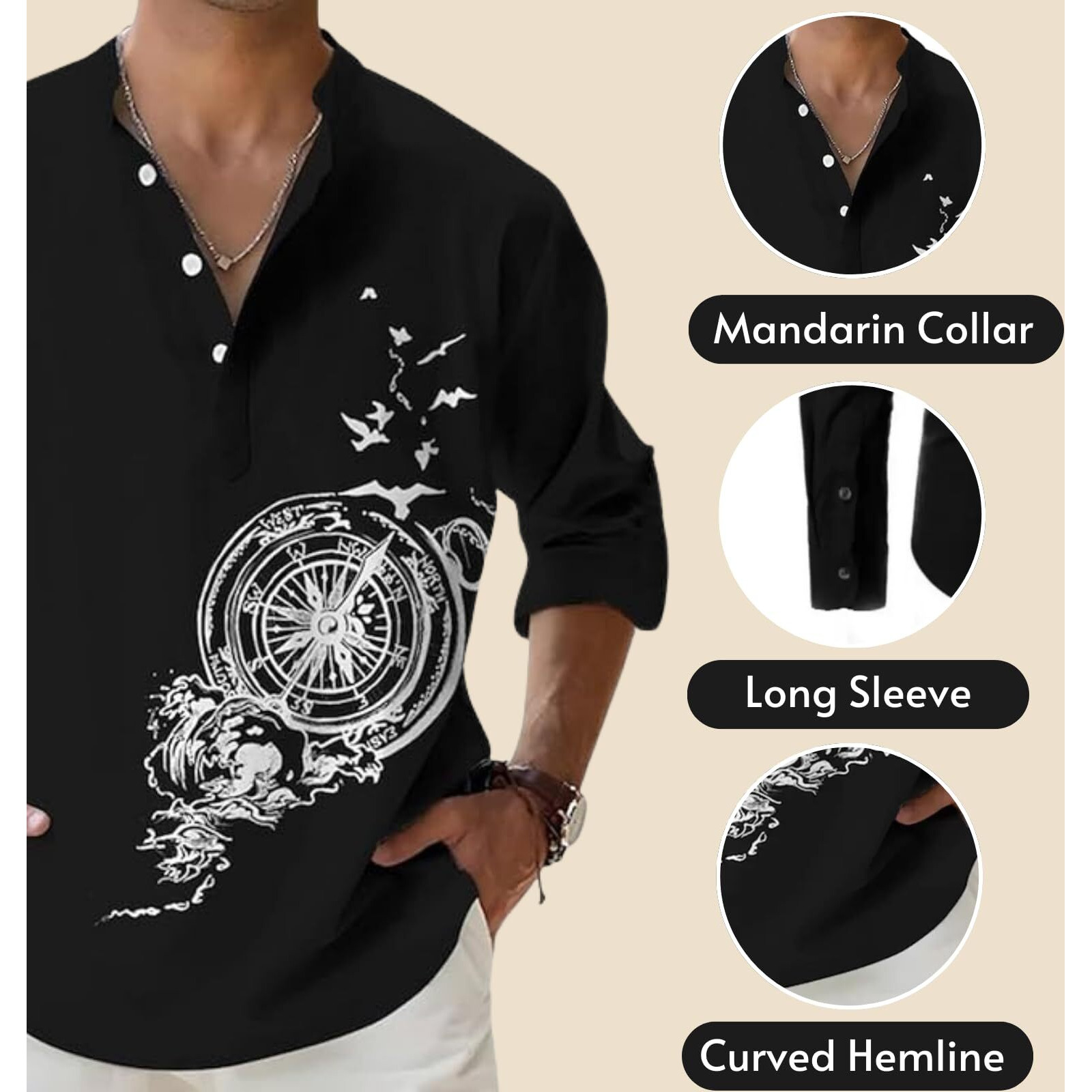 DEELMO Men's Cotton Blend Mandarin Collar Self One Design Full Sleeve Casual Short Kurta (Black, L)