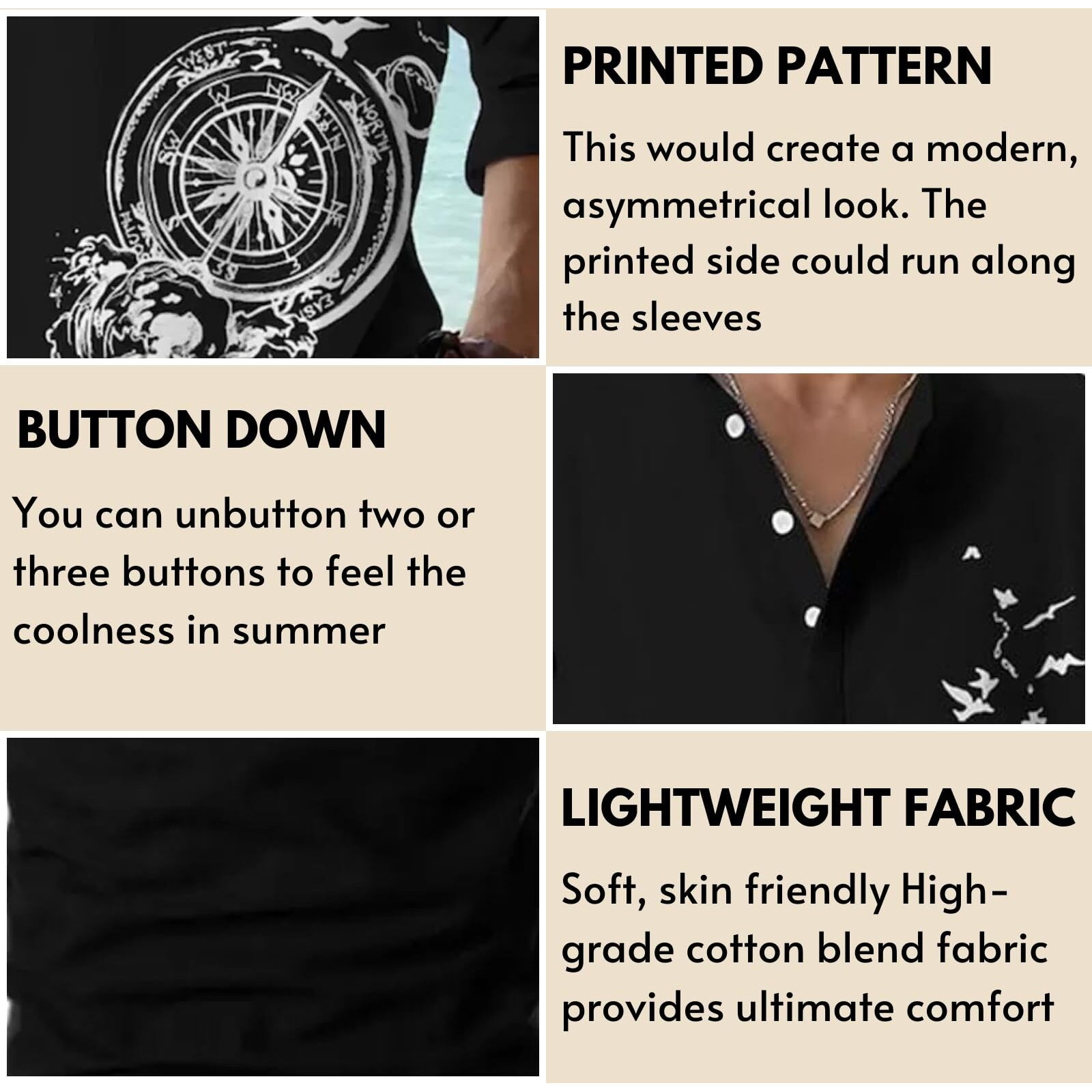 DEELMO Men's Cotton Blend Mandarin Collar Self One Design Full Sleeve Casual Short Kurta (Black, L)