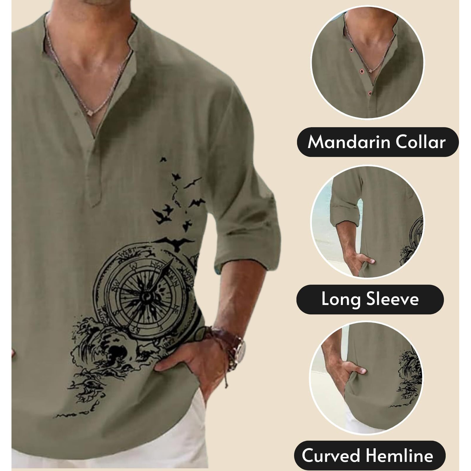 DEELMO Men's Cotton Blend Mandarin Collar Regular Fit Full Sleeve Casual Short Kurta, Mehandi, XL