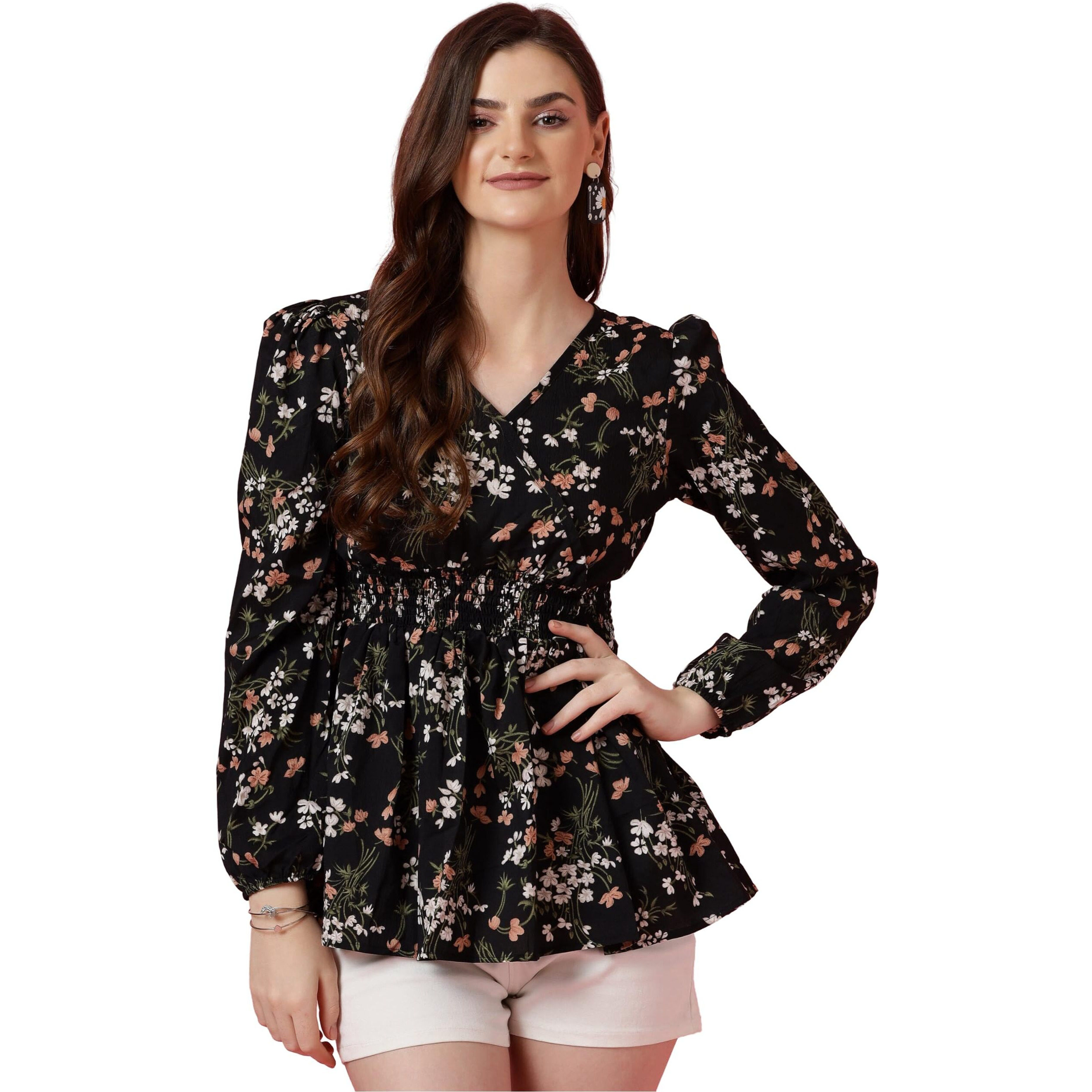 Sheetal Associates Women's Casual Puff Sleeves Floral Print Peplum Top
