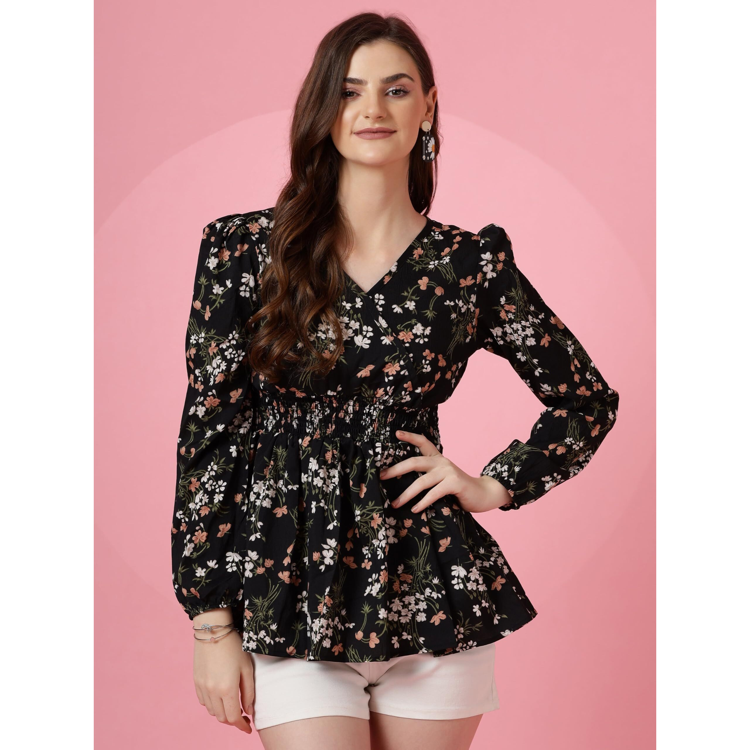 Sheetal Associates Women's Casual Puff Sleeves Floral Print Peplum Top