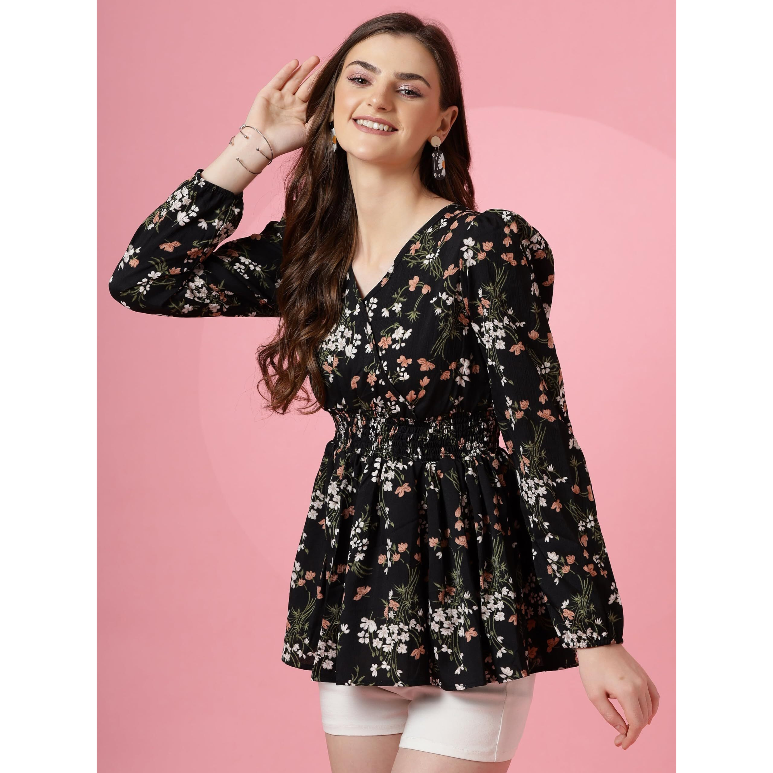 Sheetal Associates Women's Casual Puff Sleeves Floral Print Peplum Top