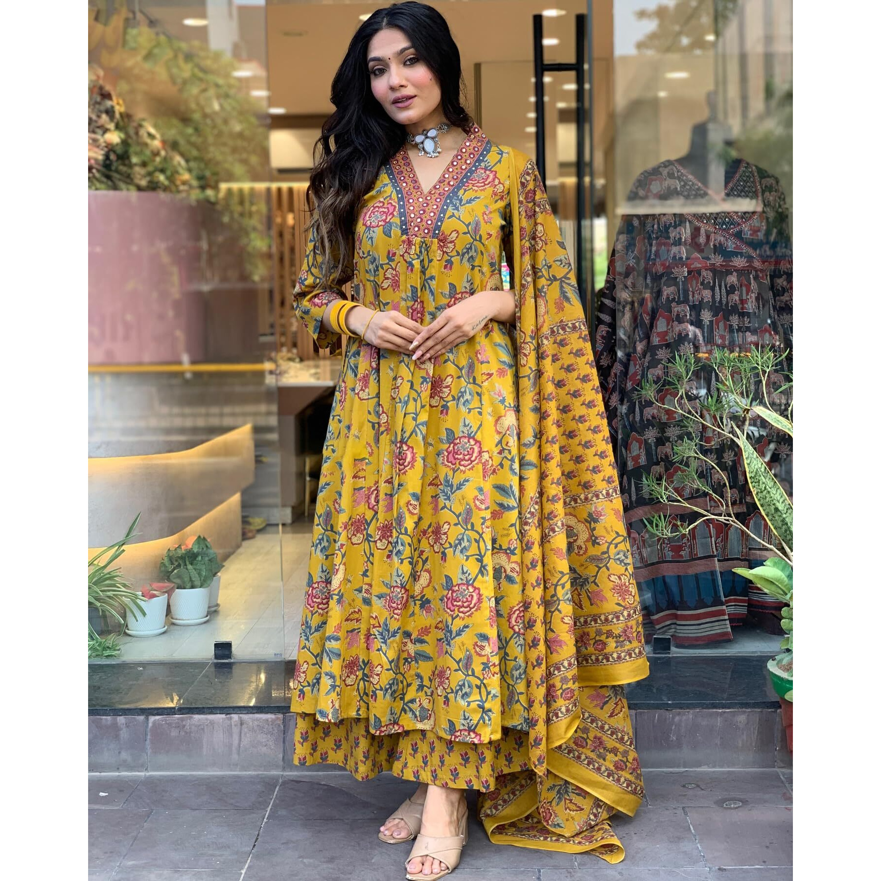 GoSriKi Women's Rayon Blend Anarkali Printed Kurta with Pant & Dupatta & Dupatta (CIA Yellow-GS_S_Yellow_Small)