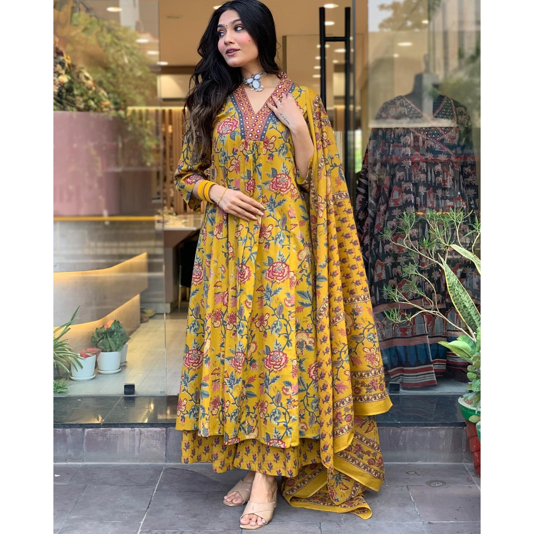 GoSriKi Women's Rayon Blend Anarkali Printed Kurta with Pant & Dupatta & Dupatta (CIA Yellow-GS_S_Yellow_Small)