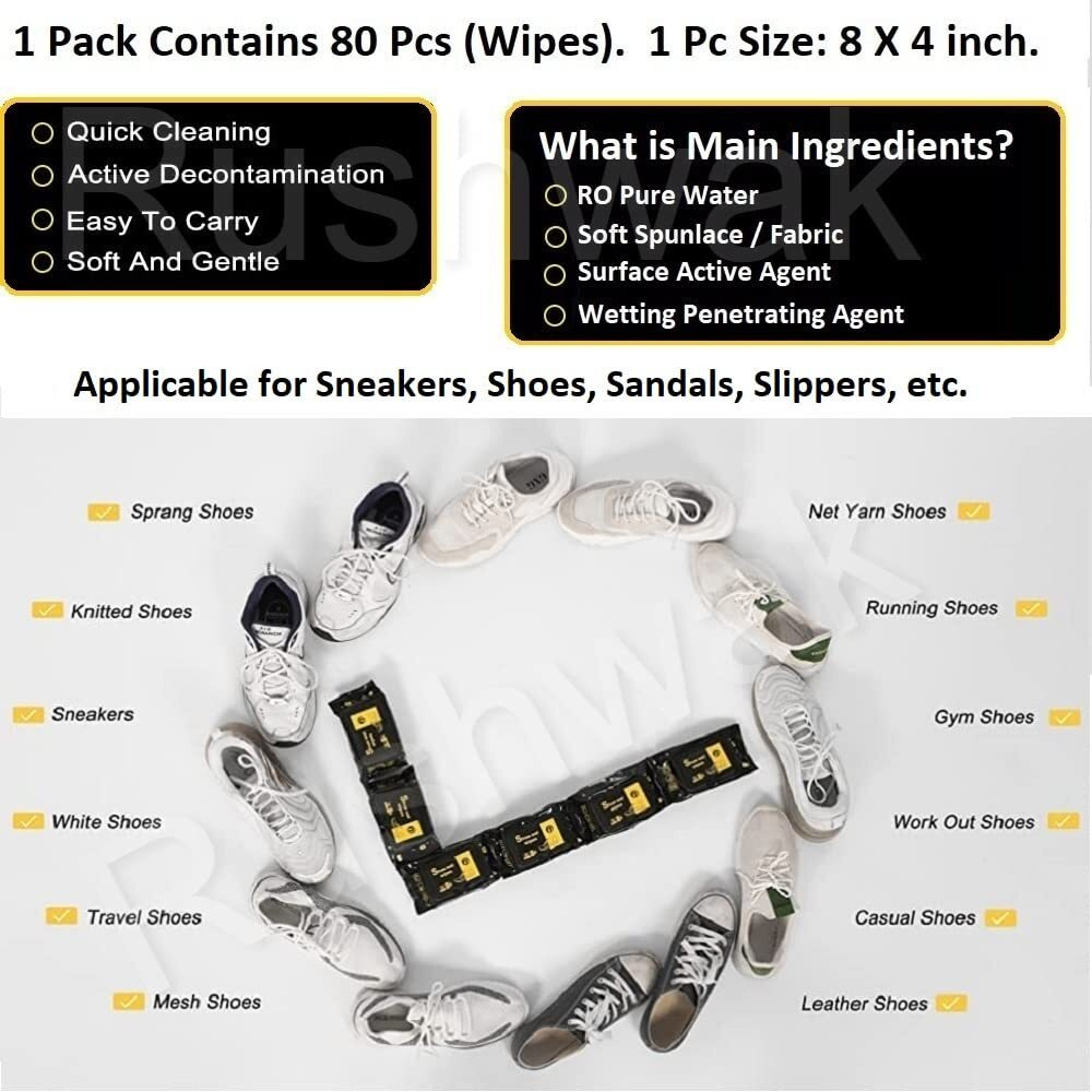 Rushwak Shoe Wipes (80 + 80 Wipes) Sneaker Wipes Instant Sneaker Cleaner Shoe Cleaning Wipes Sneaker Wipes for Shoes Quick Remove Dirt Stain Shoe Cleaner Wipes Shoe Wipes for Sneakers Cleaning Kit