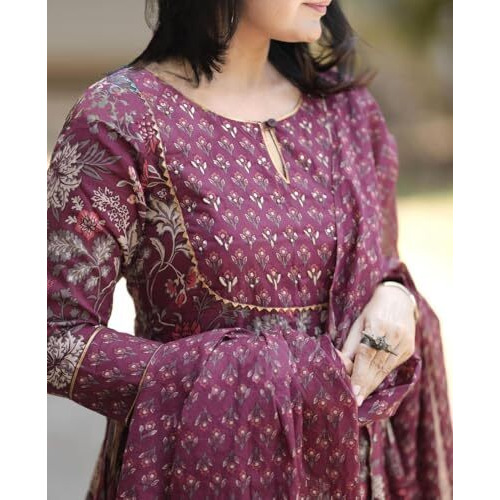 Alvami Women Anarkali Kurta and Pant Set with Dupatta (L) Maroon