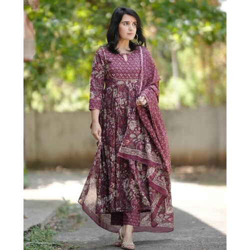 Alvami Women Anarkali Kurta and Pant Set with Dupatta (L) Maroon