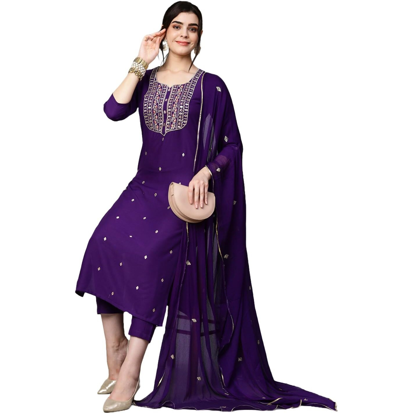 GoSriKi Women's Cotton Blend Embroidered Straight Kurta with Pant & Dupatta (Kasturi Begani-NGT-GS_M_Blue_Medium)