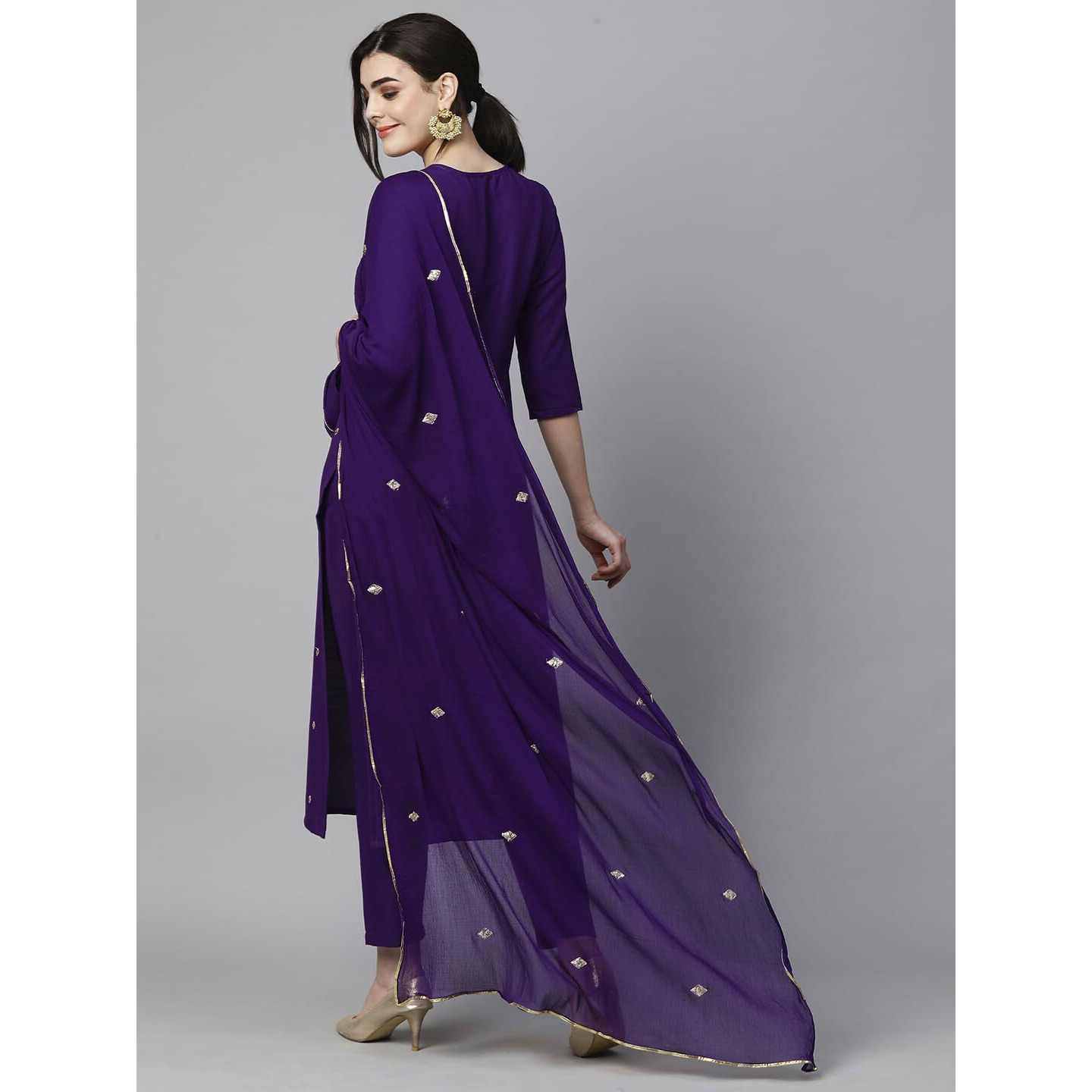 GoSriKi Women's Cotton Blend Embroidered Straight Kurta with Pant & Dupatta (Kasturi Begani-NGT-GS_M_Blue_Medium)