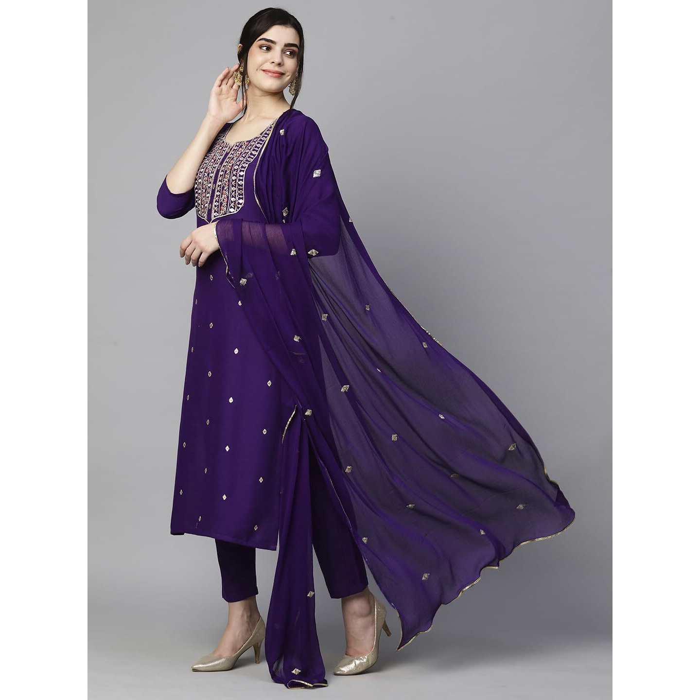 GoSriKi Women's Cotton Blend Embroidered Straight Kurta with Pant & Dupatta (Kasturi Begani-NGT-GS_M_Blue_Medium)