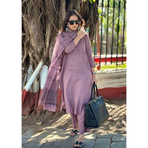 ANNI DESIGNER Women's Rayon Blend Straight Solid Kurta with Pant & Dupatta (Raja Saab Purple-VKS01_M_Purple_Medium)
