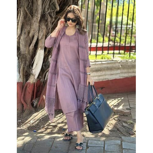 ANNI DESIGNER Women's Rayon Blend Straight Solid Kurta with Pant & Dupatta (Raja Saab Purple-VKS01_M_Purple_Medium)