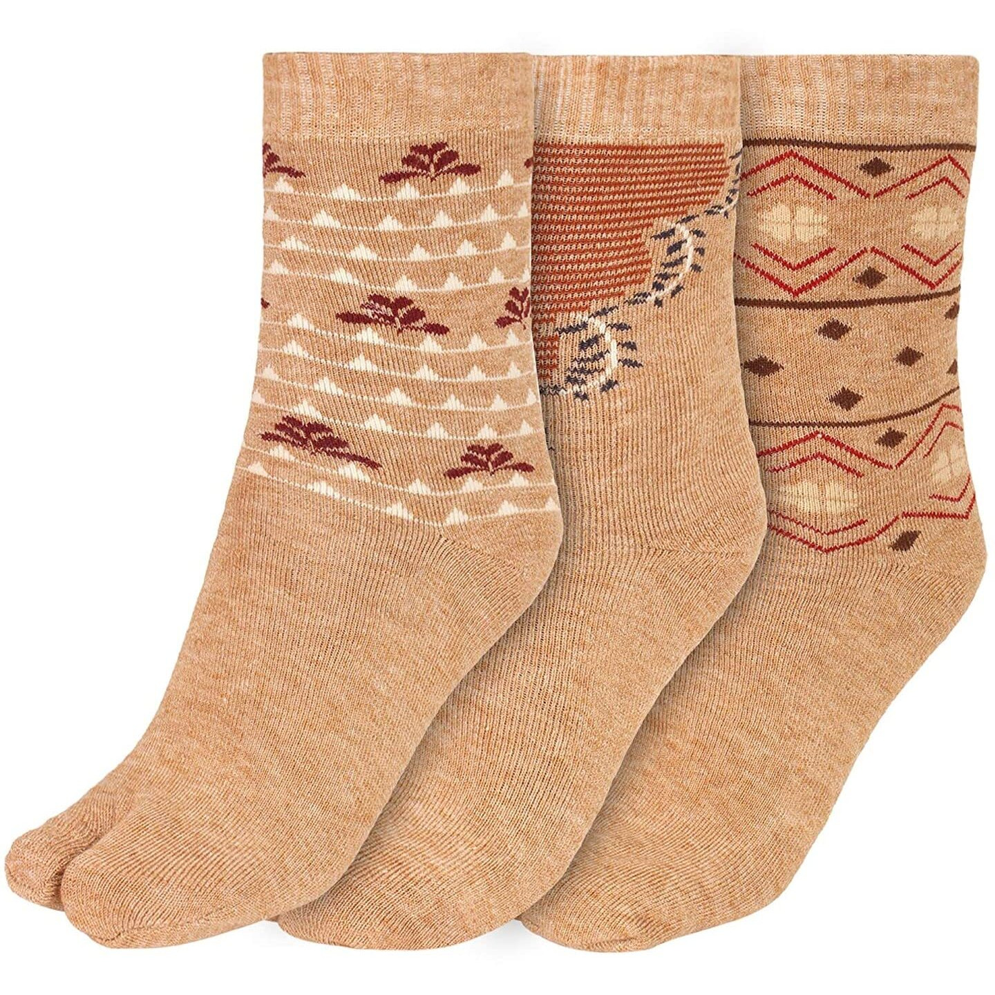 CREATURE Warm Woolen Calf Length Thumb Socks For Women Winter Wear (Light brown, Large)- Set of 3 Pairs